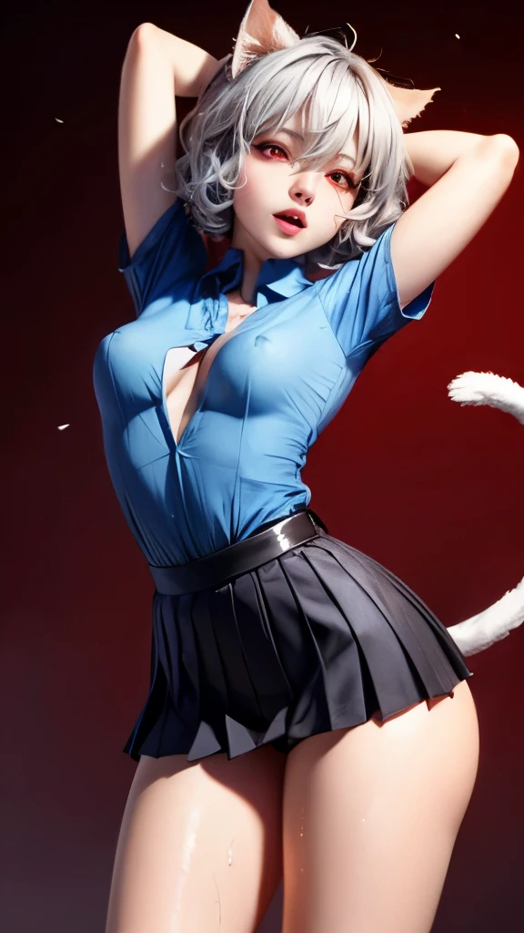 Neferpitou, short hair, (red eyes:1.3), animal ears, hair between eyes, tail, gray hair, Cat ear, (cat tail), cat girl, curly hair, five fingers、shiny blue shirt、(((very short pleated miniskirt)))、erect nipples、(wet:1.2) hair and skin、((((orgasm))))、evil smile、Ahegao、bright red cheeks、bright red lips、(small breasts)、thick thighs、attractive curves、((arms up))、wet clothes、see-through、pointy breasts、Wet
