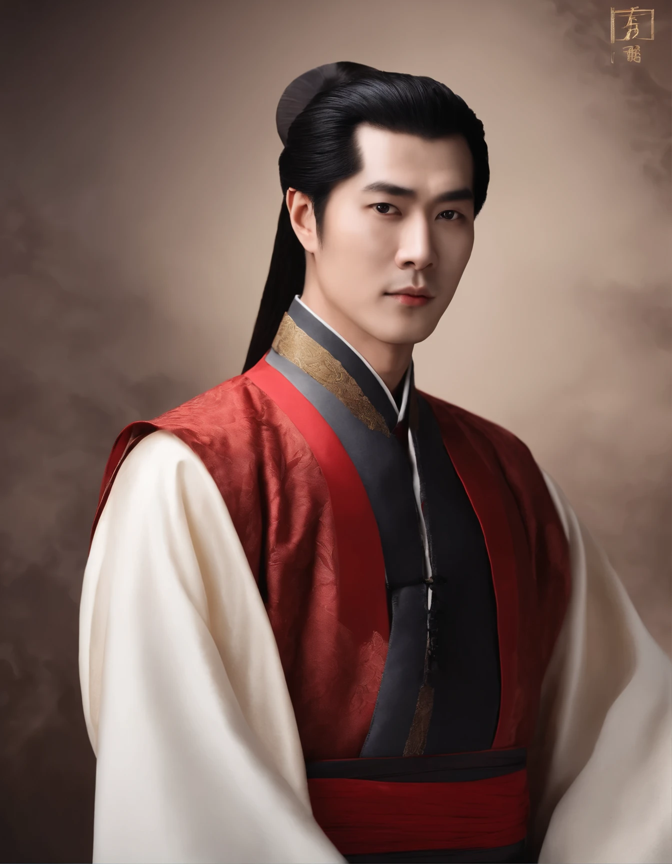 A real photo, (completely transparent face:1.37), (Head portrait of thick dark-haired Asian man in suit),Chinese Han Dynasty Clothing,(bust portrait),(Chinese actor Jin Yan:1.2),Bodybuilding,background:black,lifelike: 1.4 official art, Super detailed, Beautiful and beautiful, beautiful, masterpiece, best quality,
