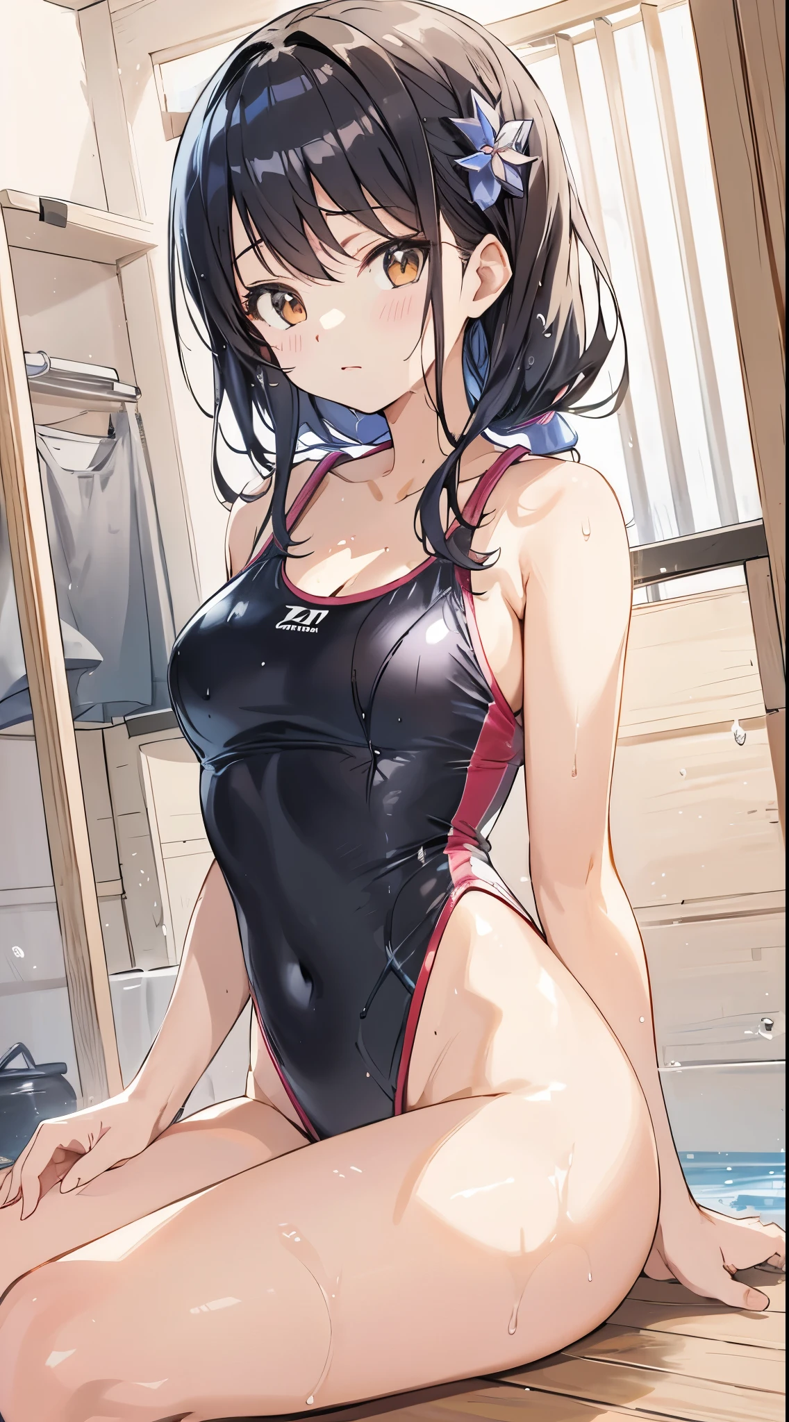 anime girl in a black swimsuit sitting on a wooden floor, is wearing a swimsuit, wet swimsuit, swimsuit, seductive anime girl, beautiful charming anime teen, swimsuit, Asuka&#39;s suit under clothes!, mayuri shiina, Chun-Li at the gym, small curvaceous loli, shiny wet skin!!, Real young gravure idol, Cute girl in a tank suit