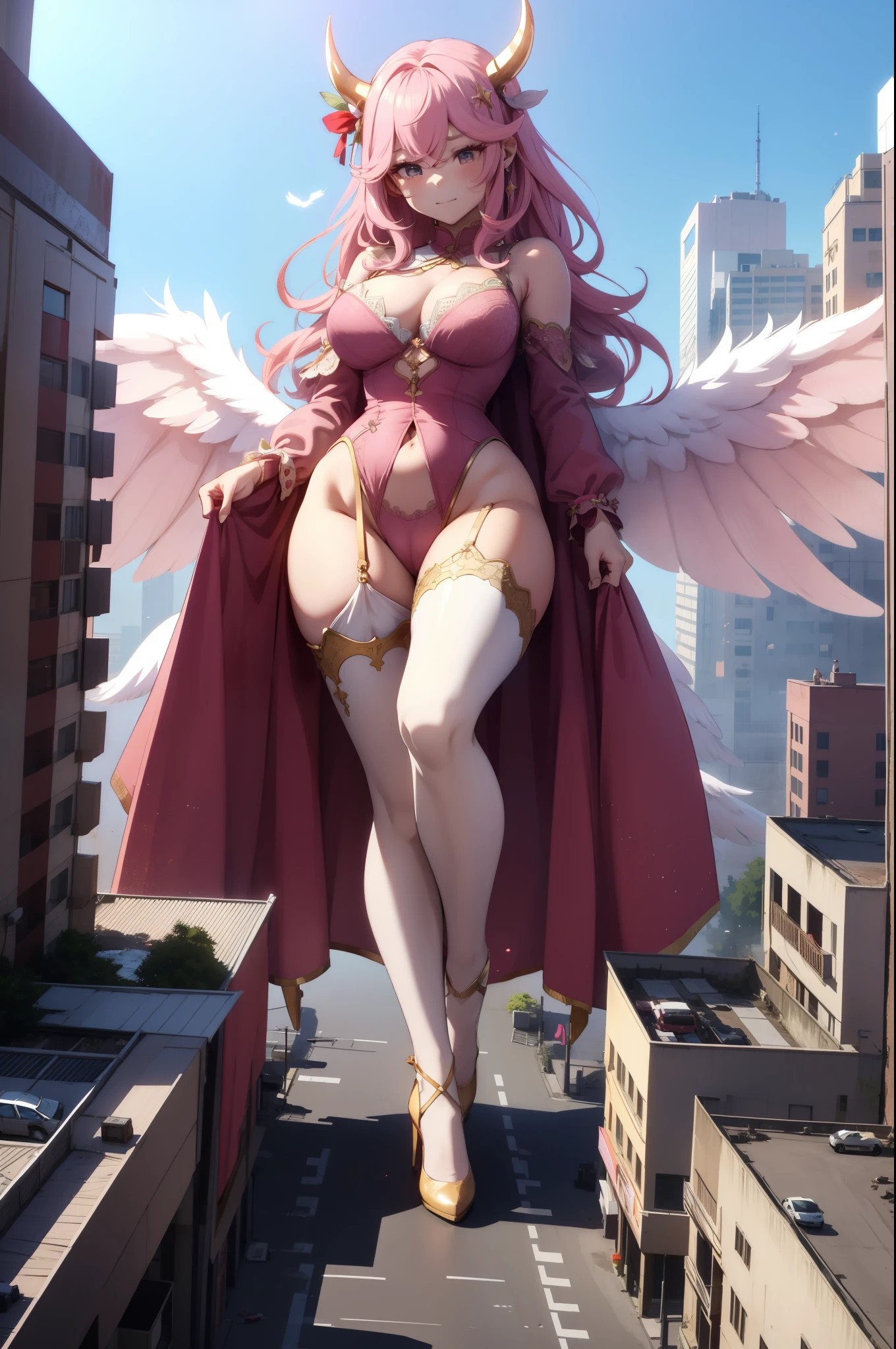 Aerial View，giant girl 50,000 feet high，Weight 1000kg，Have a pair of long legs，Has a pair of huge pink angel wings，With huge devil horns on his head，Has waist-length pink hair，loose hair，Pink wavy hair，Wearing a pair of pink Mary Jane high heels，Pink lace gloves，Pink lace pantyhose，粉色蕾丝whole body，Standing upright on a small city，Beautiful appearance，Exquisite makeup，quality，8k，高quality，Perfect proportion, Cinema lighting，film grain，Fuji colors，8k，textured skin，Super details，high detail，high resolution，fake smile，blood stains，脚底有blood stains，whole body，Obese，feather