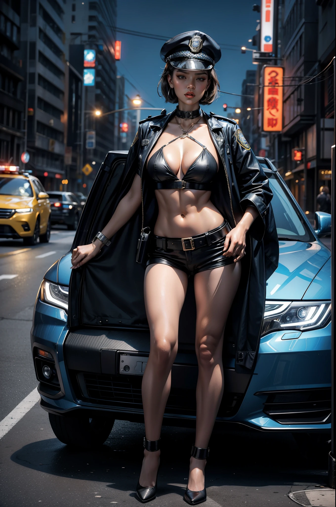 Highest image quality,Outstanding details,超高分辨率,one-girl,mechs,She wears a sexy police uniform showing clevage,Holding a gun in ha, Robust body,Sexy and robust,Detailed abs,Detailed muscle lines,dynamicposes,the night,Future city street view background,neonlight,sense of science and technology,future-tech,Very detailed cyberpunk short hair style,cyber punk perssonage,Highly detailed police uniforms,Highly detailed police cap,Police badge,wear police cap,Highly detailed guns,Highly detailed Bluetooth headset,intercom,Wireless devices,Highly detailed handcuffs,Highly detailed police equipment,Highly detailed police car,frontage,Full body photo,Look from the bottom up,look from down, looki at viewer