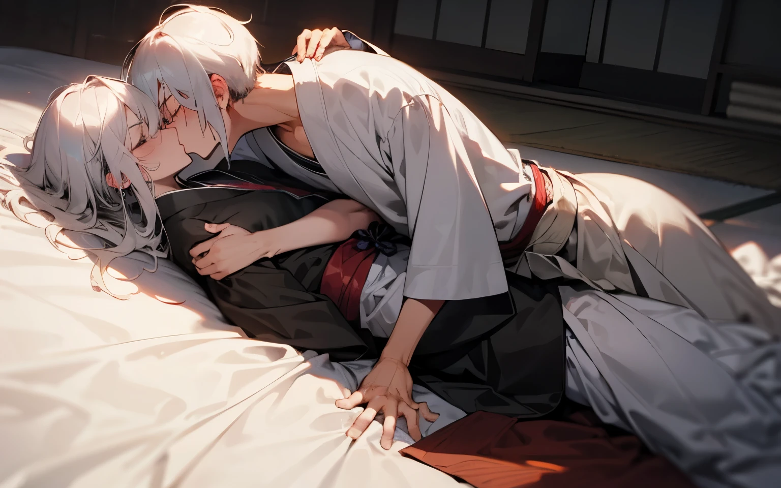 red and white sexy bra、Red and white sexy lingerie、barefoot、Sleeping with the boy in the futon