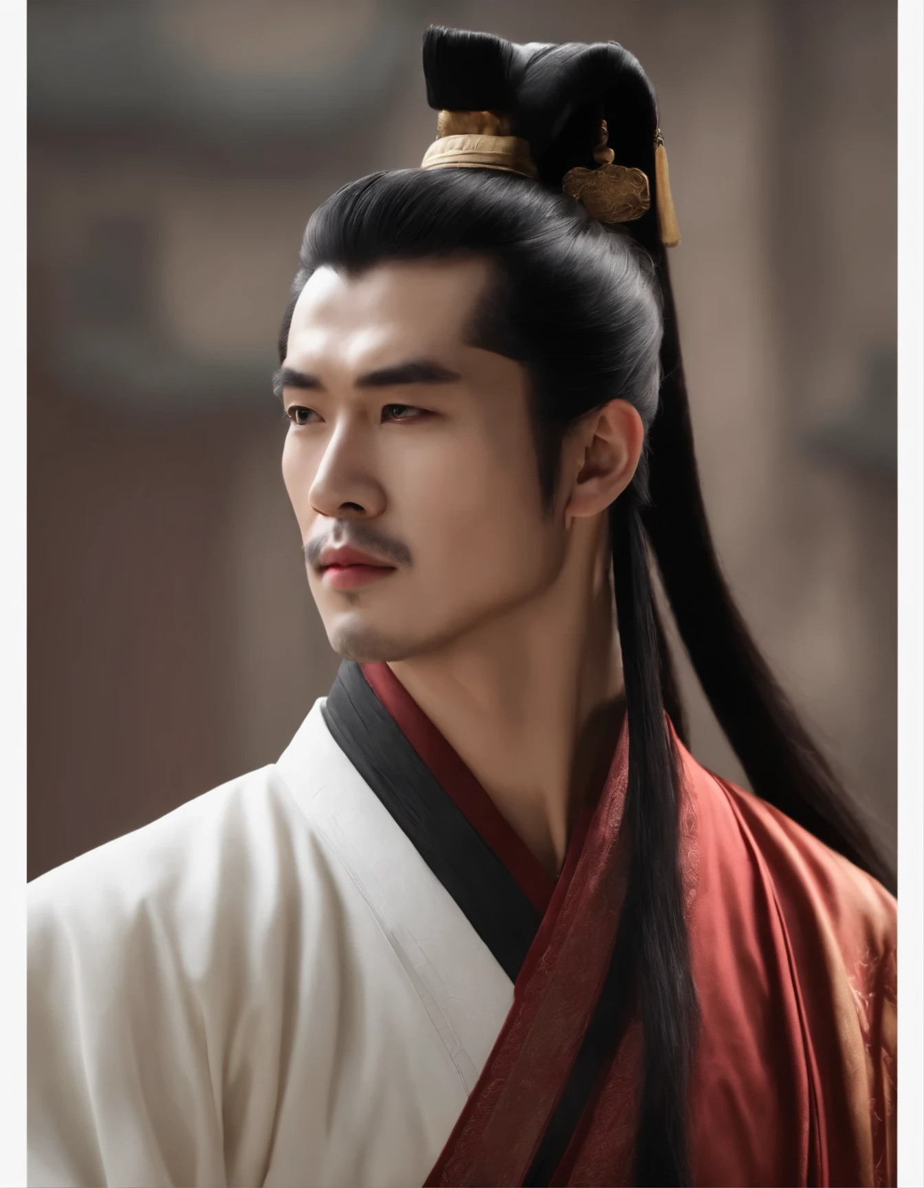 A real photo, (completely transparent face:1.37), Head portrait of Asian man with thick black hair,Chinese Han Dynasty Clothing,(Chinese actor Jin Yan:1.2),Bodybuilding,background:black,lifelike: 1.4 official art, Super detailed, Beautiful and beautiful, beautiful, masterpiece, best quality,