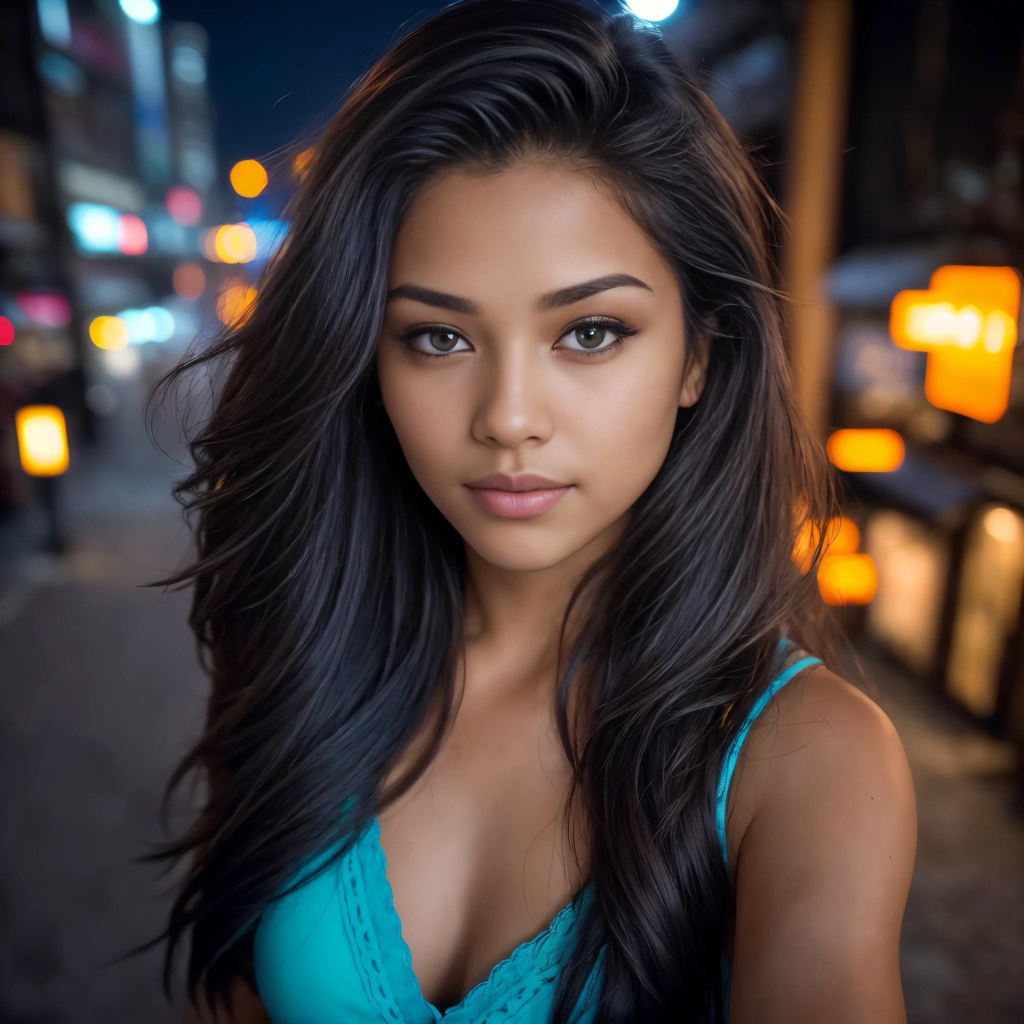 (Take a selfie, view from above: 1.4), (straight half of the torso: 1.4), Portrait photo of a 25-year-old black girl in RAW UHD format (Blue-eyed woman) Walk down the dark alley, night city, details (textures! , long hair! , brilliant, color!! , imperfections: 1.1), very detailed shiny eyes (Looking at the camera), DSLR Lighting, SLR camera, Ultra-Quality, Sharpness, depth of field, detailing (City center), Fujifilm XT3, crystal Clean, The center of the frame, Beautiful face, Sharp Focus, street lamp, neon lighting, Hips (dimly lit), night time, (night sky), detailing пор кожи, oily skin, tan, Complex eye details