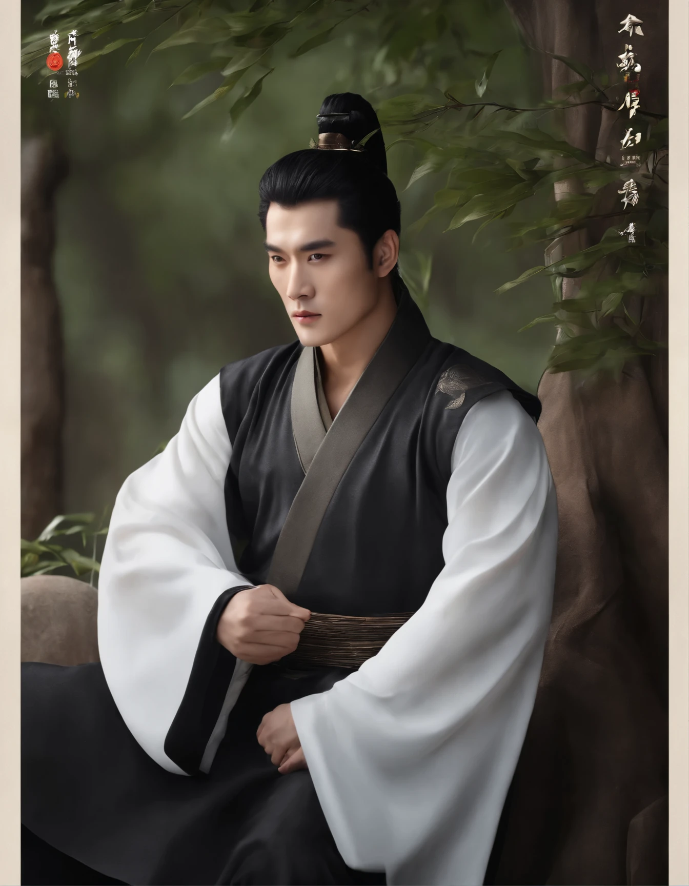 A real photo, (completely transparent face:1.37), Head portrait of Asian man with thick black hair,Chinese Han Dynasty Clothing,(Chinese actor Jin Yan:1.2),Bodybuilding,background:black,lifelike: 1.4 official art, Super detailed, Beautiful and beautiful, beautiful, masterpiece, best quality,