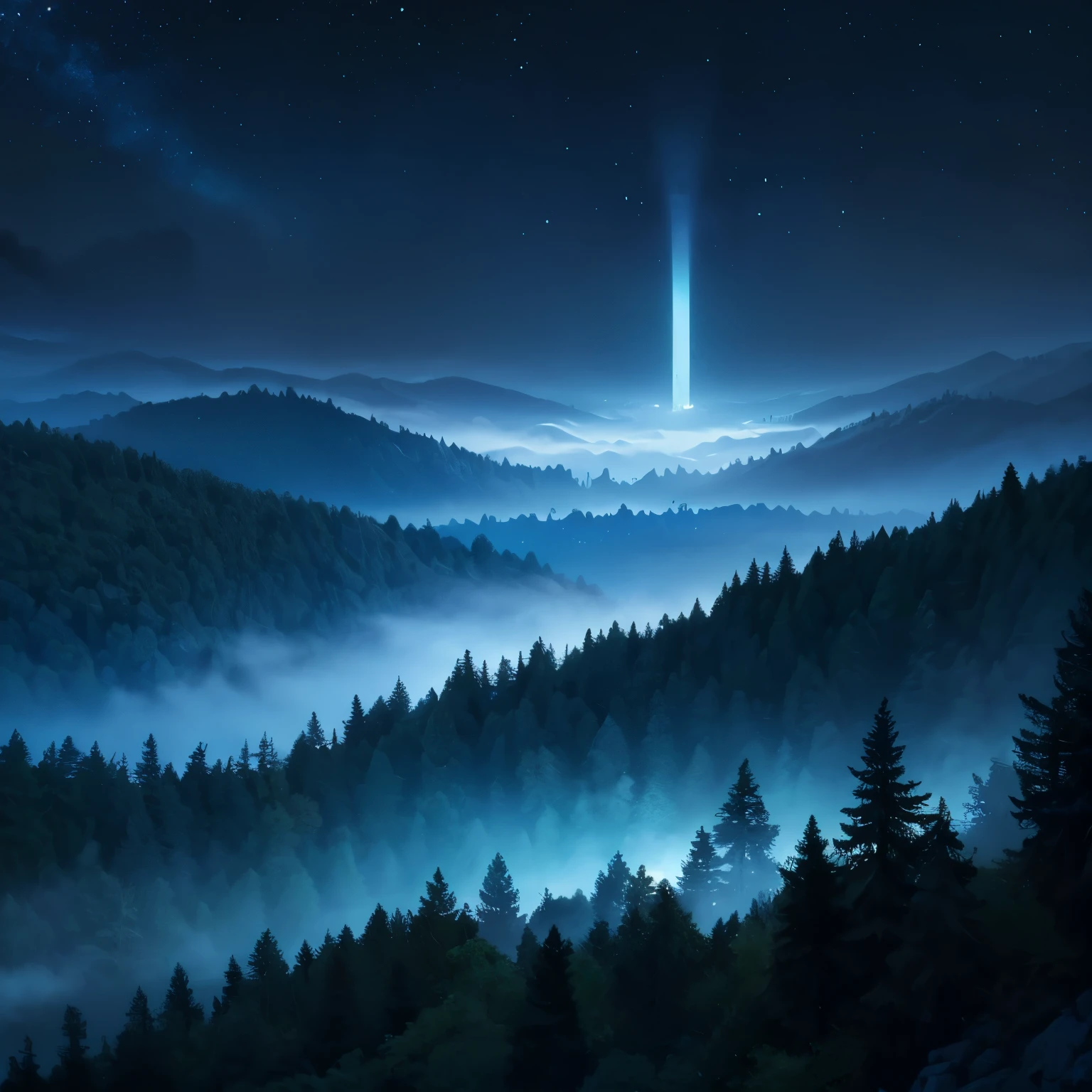 Emphasis seen far away from a dry, dark forest, with a lot of fog, totally blue and dark scenery. Night time. Um pequeno castelo bem distante com uma lua cheia e nuvens escuras. View of the entire scene very far away.