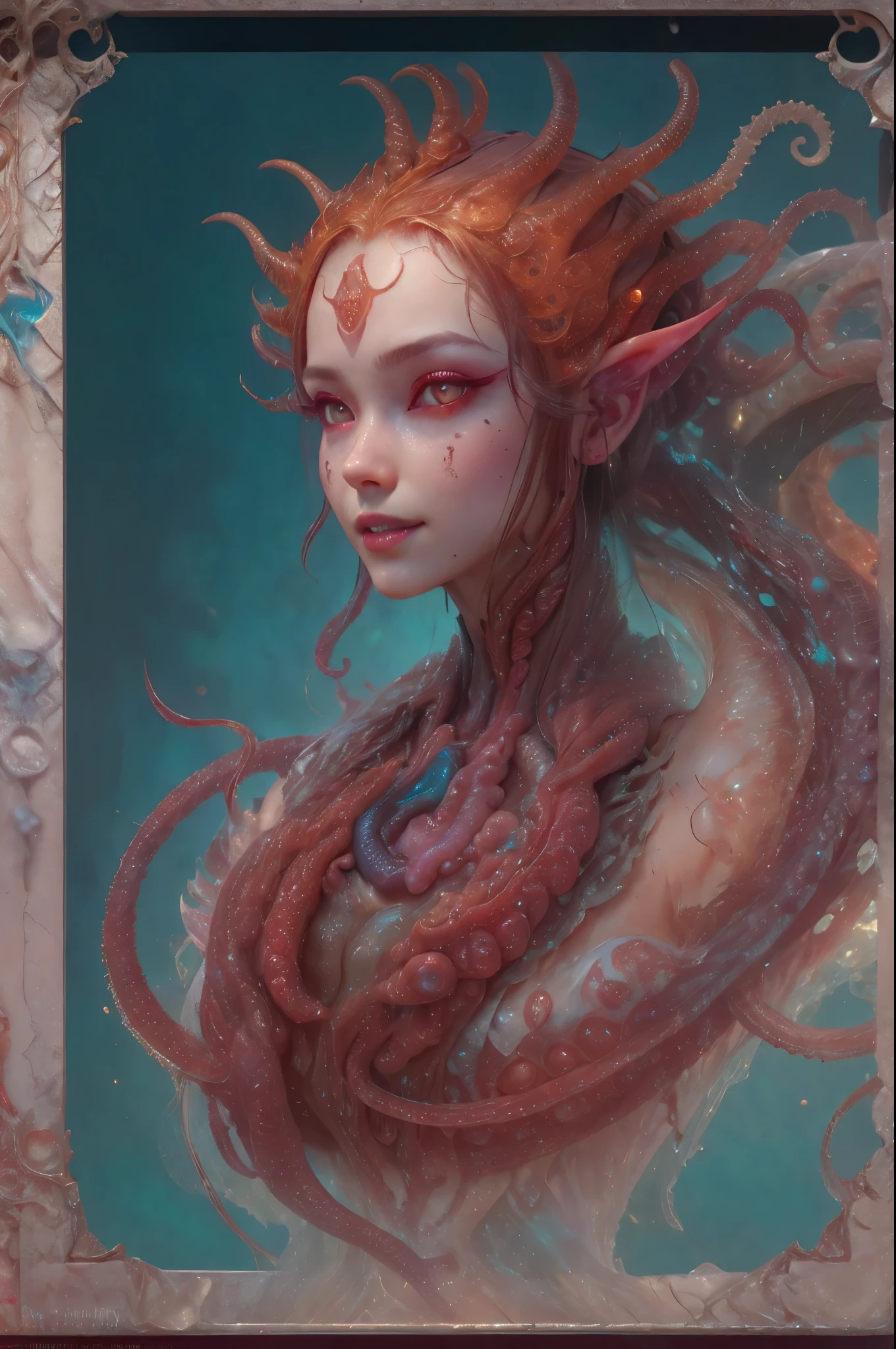 scary and sexy detailed art in color, Portrait, (beautiful and obscene female alien:1.4), (vulgarity1.7), (she has red eyes with no pupils:1.8), (Translucent skin:1.7), (There is a female genital-like organ in the middle of the forehead:1.9), (The most beautiful face in the history of the universe:1.2),an evil gaze that seduces, (large mouth:1.1), (sharp teeth like a vampire:1.2), Full body portrait, (bio luminescent:1.5), (Smile wickedly:1.3), (sexypose:1.5), alien, No humans, cells are fused, (Lots of translucent tentacles:1.3) extraterrestrial, cell, bio image, best quality, 8K, In 4K_quality, High freshness, Dramatic Lighting, masutepiece:1.5,cinematic quality, detail up, (exquisite details:1.2), high resolution, High freshness, drawing faithfully, (Thick eyebrows:1.2), Beautiful eyes with fine symmetry,(Highly detailed face and eyes:1.2), Intimate face, (Super detailed skin quality feeling:1.4), perfect anatomy, (Beautiful toned body:1.5), (Moist skin:1.2), not wearing makeup, (dark circles:1.1), long canines, cinematic drawing of characters, ultra high quality model, cinematic quality, detail up, (exquisite details:1.2), high resolution, High freshness, drawing faithfully, official art, Unity 8K Wall paper, best quality, Very high resolution, ultra detailed artistic photography, midnight aura, unreal engine 5, Ultra Sharp Focus, art by Amano Yoshitaka, ArtGerm, Roisch, intricate artwork, best quality, masterpiece, ultra high resolution, (photos realistic:1.4), ultra realistic realism, dream-like, nautilus, Creation of fantasy, Snail, Dream Snail, (biopunk nautilus:1.3),Thrilling color schemes, ultra realistic realism, seductively smiling, Blue tentacles, Amazing mutation, well-proportioned body, goddess of the deep sea