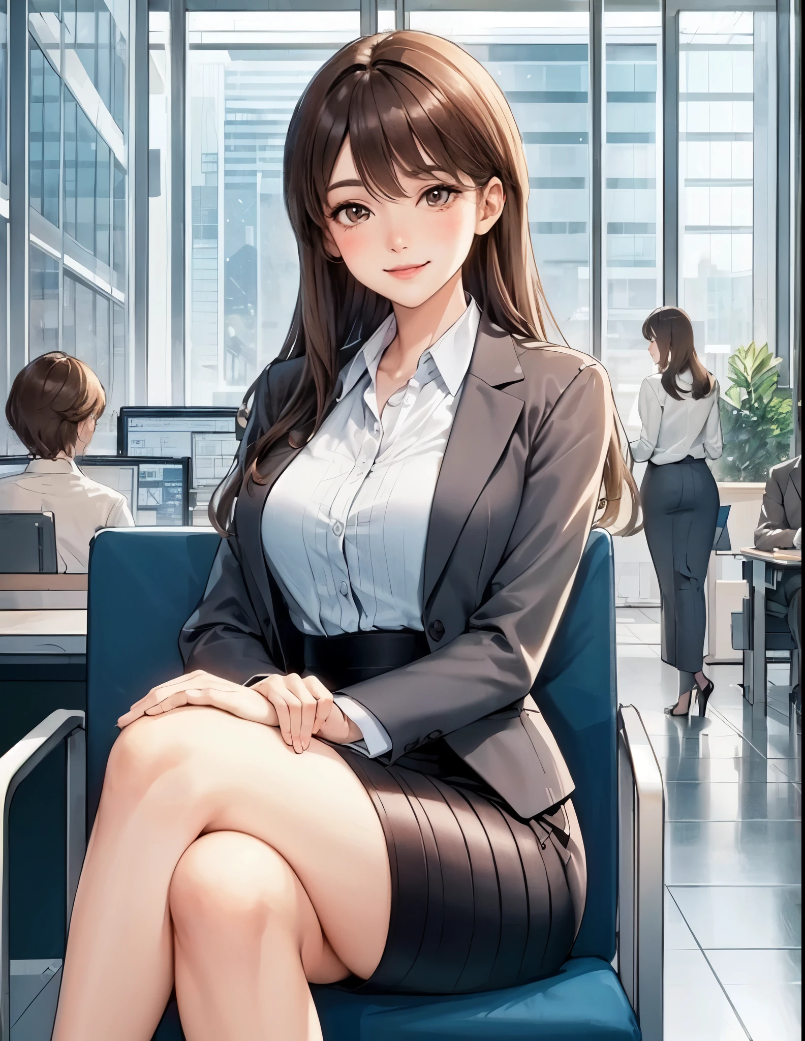 1lady sitting (crossed legs), office worker (stylish outfit), mature female, /(brown hair/) bangs, blush kind smile, (masterpiece best quality:1.2) delicate illustration ultra-detailed, large breasts BREAK (modern office indoors), detailed background