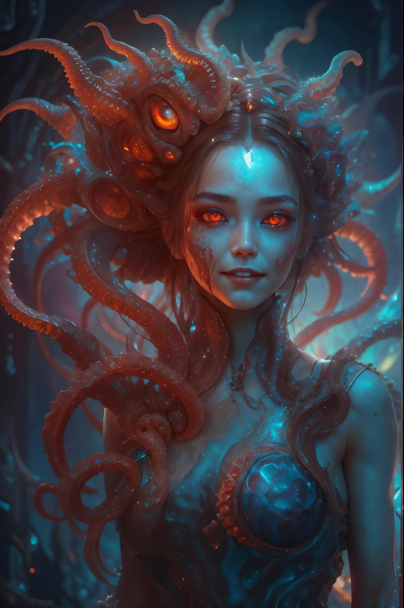 scary and sexy detailed art in color, Portrait, (beautiful and obscene female alien:1.4), (vulgarity1.7), (she has red eyes with no pupils:1.8), (Translucent skin:1.7), (There is a female genital-like organ in the middle of the forehead:1.9), (The most beautiful face in the history of the universe:1.2),an evil gaze that seduces, (large mouth:1.1), (sharp teeth like a vampire:1.2), Full body portrait, (bio luminescent:1.5), (Smile wickedly:1.3), (sexypose:1.5), alien, No humans, cells are fused, (Lots of translucent tentacles:1.3) extraterrestrial, cell, bio image, best quality, 8K, In 4K_quality, High freshness, Dramatic Lighting, masutepiece:1.5,cinematic quality, detail up, (exquisite details:1.2), high resolution, High freshness, drawing faithfully, (Thick eyebrows:1.2), Beautiful eyes with fine symmetry,(Highly detailed face and eyes:1.2), Intimate face, (Super detailed skin quality feeling:1.4), perfect anatomy, (Beautiful toned body:1.5), (Moist skin:1.2), not wearing makeup, (dark circles:1.1), long canines, cinematic drawing of characters, ultra high quality model, cinematic quality, detail up, (exquisite details:1.2), high resolution, High freshness, drawing faithfully, official art, Unity 8K Wall paper, best quality, Very high resolution, ultra detailed artistic photography, midnight aura, unreal engine 5, Ultra Sharp Focus, art by Amano Yoshitaka, ArtGerm, Roisch, intricate artwork, best quality, masterpiece, ultra high resolution, (photos realistic:1.4), ultra realistic realism, dream-like, nautilus, Creation of fantasy, Snail, Dream Snail, (biopunk nautilus:1.3),Thrilling color schemes, ultra realistic realism, seductively smiling, Blue tentacles, Amazing mutation, well-proportioned body, goddess of the deep sea