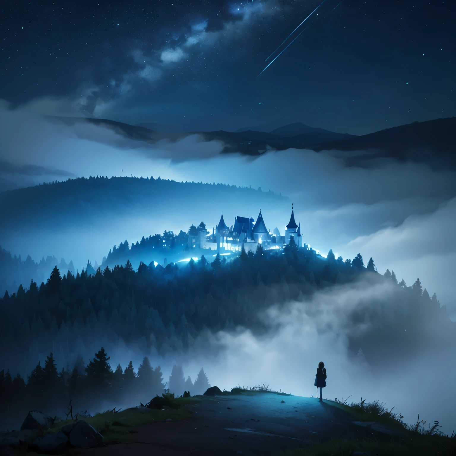 Emphasis seen far away from a dry, dark forest, with a lot of fog, totally blue and dark scenery. Night time. Um pequeno castelo bem distante com uma lua cheia e nuvens escuras. View of the entire scene very far away.