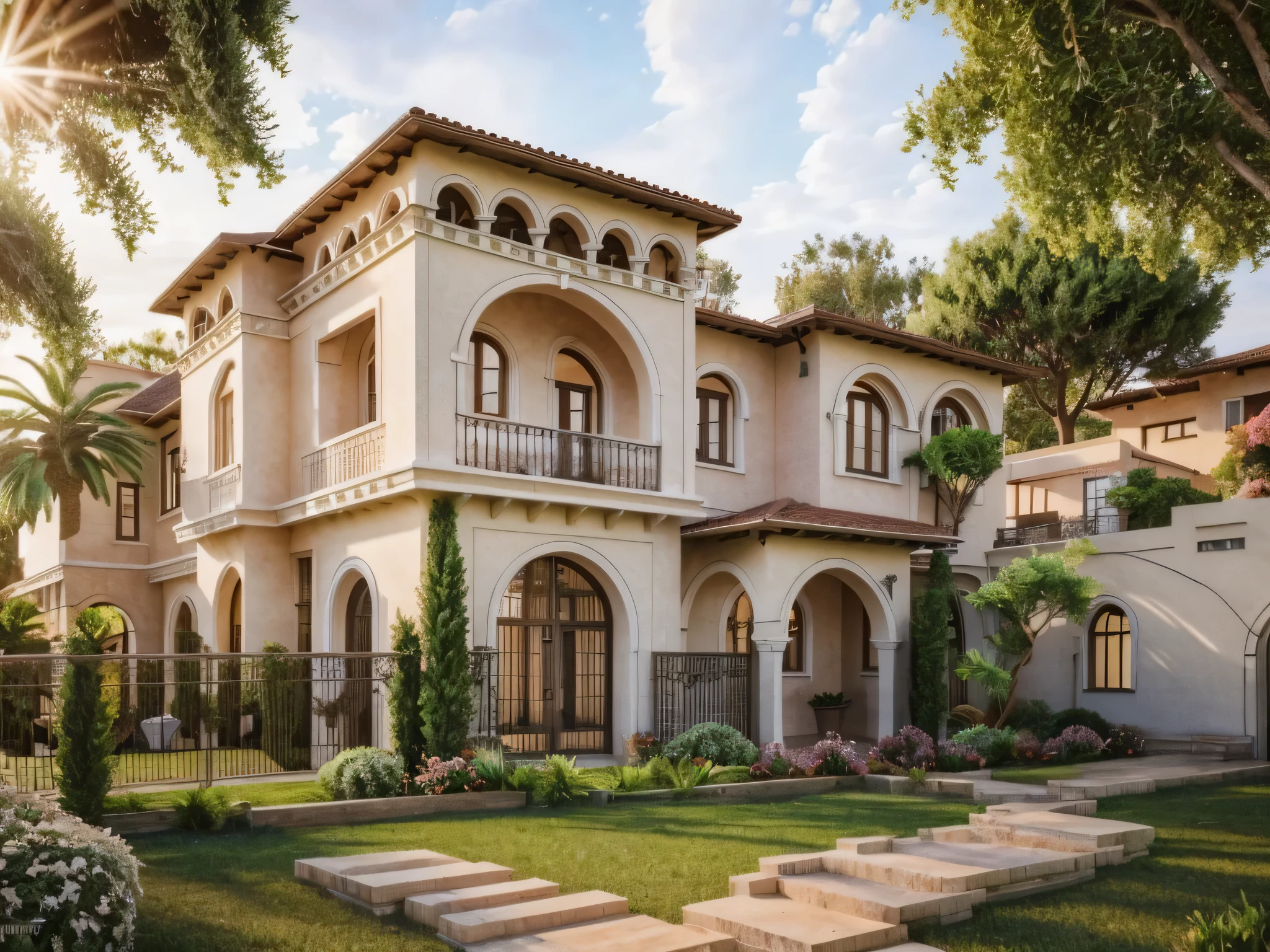 (Mediterranean Revival  house ,close houses and trees), (Mediterranean Revival  style architecture) daylight ( best quality) ((high solution)) ,(( photo realistic)) ,warm light,  soft lighting, warm atmosphere,high Resolution, hyper detailed,4k ,vray render, octane render, hyper realistic, photography expert ,exterior design , professional photography, exterior photography,wide-angle shot , ultra detail , high Resolution , full frame, full body