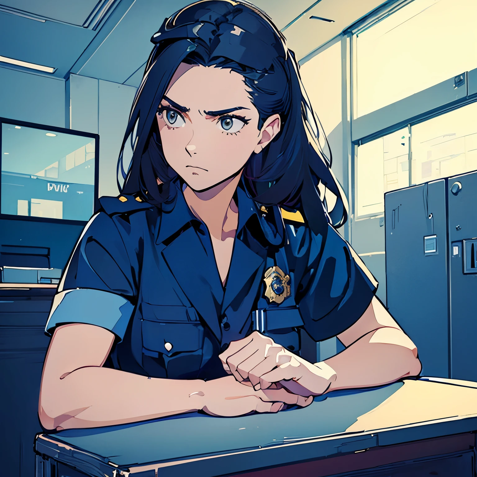 (((masterpiece))) ((( background : police station : office table ))) ((( character : 1 female : discipline : fit body : long smart hair : police officer uniform : sitting : serious )))