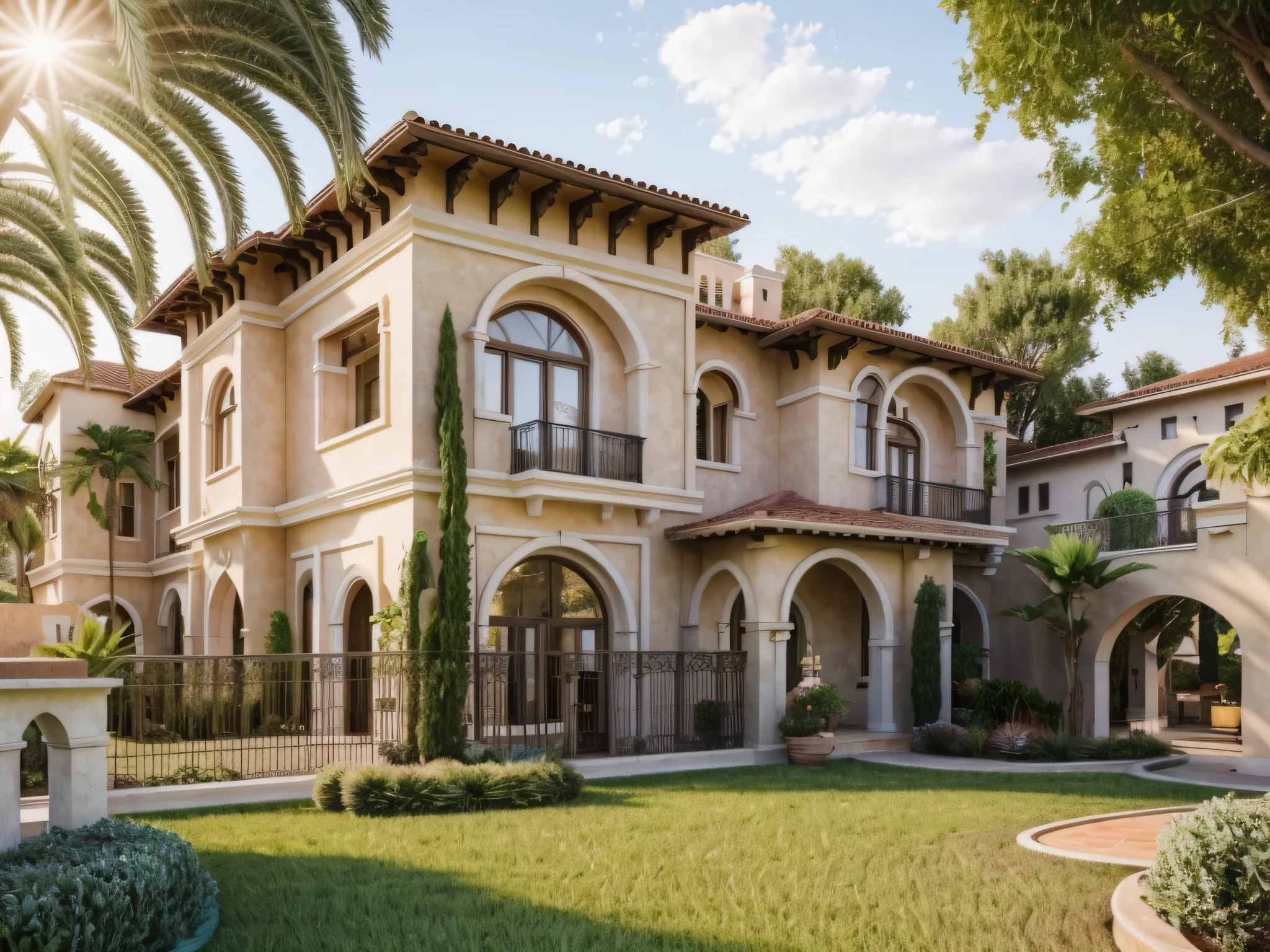 (Mediterranean Revival  house ,close houses and trees), (Mediterranean Revival  style architecture) daylight ( best quality) ((high solution)) ,(( photo realistic)) ,warm light,  soft lighting, warm atmosphere,high Resolution, hyper detailed,4k ,vray render, octane render, hyper realistic, photography expert ,exterior design , professional photography, exterior photography,wide-angle shot , ultra detail , high Resolution , full frame, full body