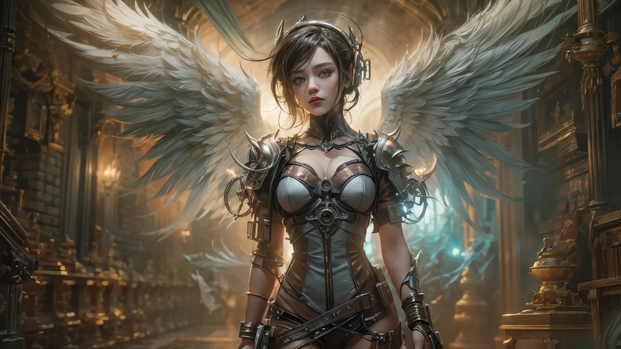 Craft a Cyberpunk and Steampunk masterpiece where a girl, resembling an angelic apparition, navigates a world veiled in smoke. Infuse the canvas with a ((dreamlike)) quality, using ((masterful)) strokes to depict the intricate fusion of wings, futuristic elements, and Victorian aesthetics.