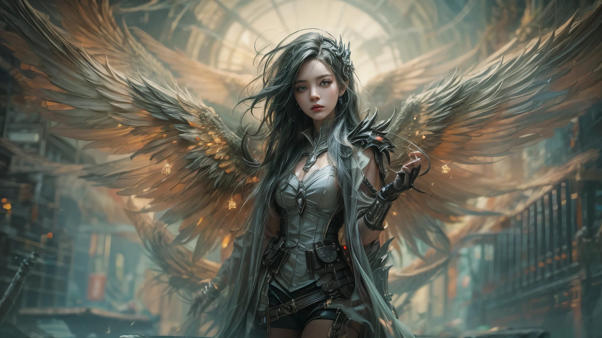 Craft a Cyberpunk and Steampunk masterpiece where a girl, resembling an angelic apparition, navigates a world veiled in smoke. Infuse the canvas with a ((dreamlike)) quality, using ((masterful)) strokes to depict the intricate fusion of wings, futuristic elements, and Victorian aesthetics.