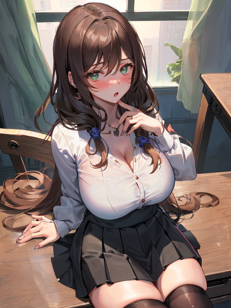 Lisa, genshin impact, ((blush: 1.2)), 1 girl, alone, ((white shirt)), black Thighhighs, huge breasts, cleavage, uniform, office background, black skirt, pleated skirt, office, hair between eyes, messy hair, big breasts, long hair, looking at the viewer, brown hair, red short nails, green eyes, alone, Thighhighs, thick thighs, very long hair, ((masterpiece)), classroom, Mechanical, Chair, board, class board, Teaching, put your hand on your chest, open your mouth, Curvaceous, (physical education sitting:1.3),