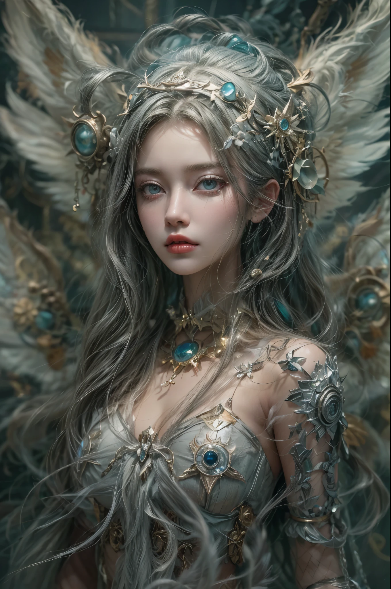 Craft a Cyberpunk and Steampunk masterpiece where a girl, resembling an angelic apparition, navigates a world veiled in smoke. Infuse the canvas with a ((dreamlike)) quality, using ((masterful)) strokes to depict the intricate fusion of wings, futuristic elements, and Victorian aesthetics.