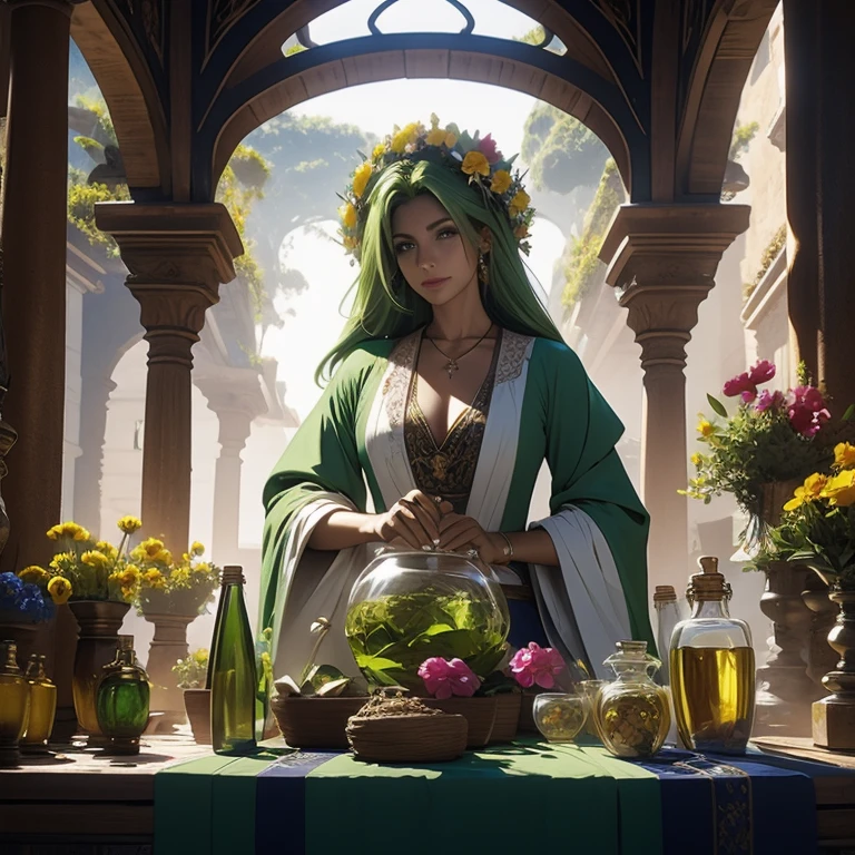 mulher cabelos vermelhjos, olhos verdes, maga, clerica, flower and potion seller , cabelos longos