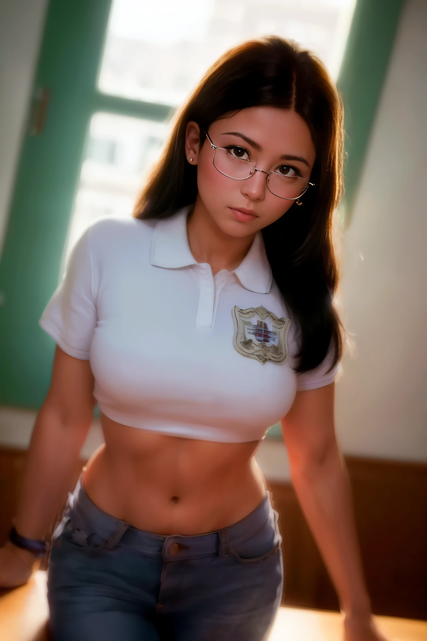 mulher de 25 anos(glasses eyes), Milf, ((em sala de aula)), ((Uniforme escolar)), foto crua, (photorealista:1.37, realista), highly detailed 8K unified CG wallpapers, 1 garota, ((corpo perfeito:1.1)), (medium breasts:1.2) , olhando para o espectador, (((direto da frente))), (Pele do QG:1.2, pele brilhante), 8K Ultra HD, dslr, soft lighting, alta qualidade, Film grain, Fujifilm XT3, ((corpo todo:0.8)), (professional lighting:1.4) ,