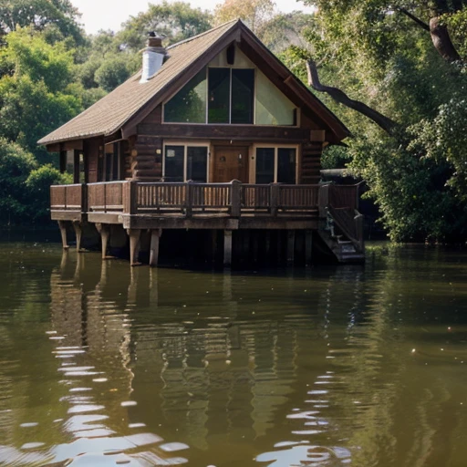 One-story house built with old wood. There is a balcony that extends into the water. There is a boat floating in the water and an old wooden bridge. It&#39;s a house that&#39;s just the right size. It has a simple design, airy, easy on the eyes, relaxing, pleasant to live in, and has a unique beauty. Take professional photos with a DSLR camera using an 18 mm lens.. 125/F11 provides professional lighting, beautiful and realistic images, afternoon light, like a photo from a camera.