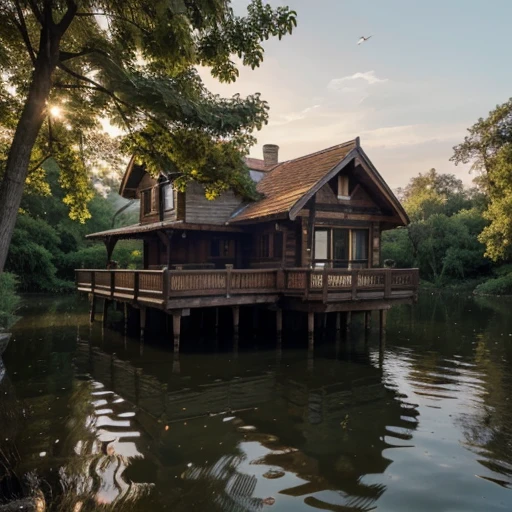 One-story house built with old wood. There is a balcony that extends into the water. There is a boat floating in the water and an old wooden bridge. It's a house that's just the right size. It has a simple design, airy, easy on the eyes, relaxing, pleasant to live in, and has a unique beauty. Take professional photos with a DSLR camera using an 18 mm lens.. 125/F11 provides professional lighting, beautiful and realistic images, afternoon light, like a photo from a camera.
