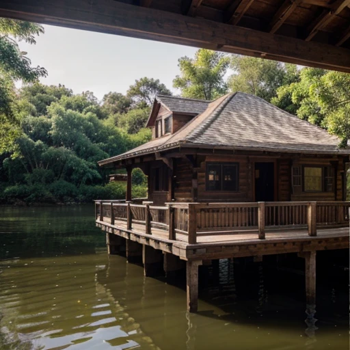 One-story house built with old wood. There is a balcony that extends into the water. There is a boat floating in the water and an old wooden bridge. It's a house that's just the right size. It has a simple design, airy, easy on the eyes, relaxing, pleasant to live in, and has a unique beauty. Take professional photos with a DSLR camera using an 18 mm lens.. 125/F11 provides professional lighting, beautiful and realistic images, afternoon light, like a photo from a camera.