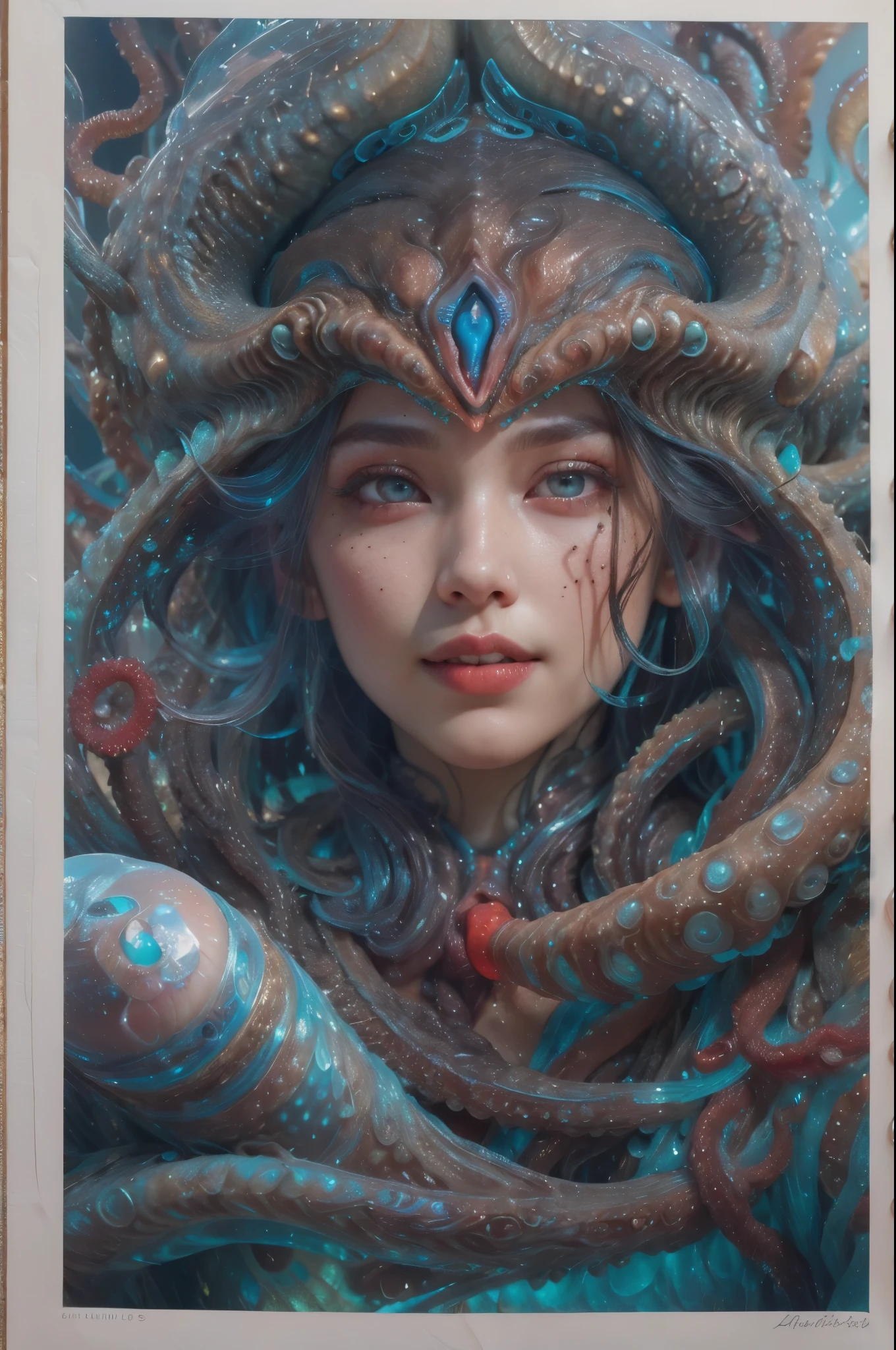 scary and sexy detailed art in color, Portrait, (beautiful and obscene female alien:1.4), (vulgarity1.7), (she has red eyes with no pupils:1.8), (Translucent white skin:1.7), (There is a female genital-like organ in the middle of the forehead:1.9), (The most beautiful face in the history of the universe:1.2),an evil gaze that seduces, (large mouth:1.1), (sharp teeth like a vampire:1.2), Full body portrait, (bio luminescent:1.5), (Smile wickedly:1.3), (sexypose:1.5), alien, No humans, cells are fused, (Lots of translucent tentacles:1.3) extraterrestrial, cell, bio image, best quality, 8K, In 4K_quality, High freshness, Dramatic Lighting, masutepiece:1.5,cinematic quality, detail up, (exquisite details:1.2), high resolution, High freshness, drawing faithfully, (Thick eyebrows:1.2), Beautiful eyes with fine symmetry,(Highly detailed face and eyes:1.2), Intimate face, (Super detailed skin quality feeling:1.4), perfect anatomy, (Beautiful toned body:1.5), (Moist skin:1.2), not wearing makeup, (dark circles:1.1), long canines, cinematic drawing of characters, ultra high quality model, cinematic quality, detail up, (exquisite details:1.2), high resolution, High freshness, drawing faithfully, official art, Unity 8K Wall paper, best quality, Very high resolution, ultra detailed artistic photography, midnight aura, unreal engine 5, Ultra Sharp Focus, art by Amano Yoshitaka, ArtGerm, Roisch, intricate artwork, best quality, masterpiece, ultra high resolution, (photos realistic:1.4), ultra realistic realism, dream-like, nautilus, Creation of fantasy, Snail, Dream Snail, (biopunk nautilus:1.3),Thrilling color schemes, ultra realistic realism, seductively smiling, Blue tentacles, Amazing mutation, well-proportioned body, goddess of the deep sea