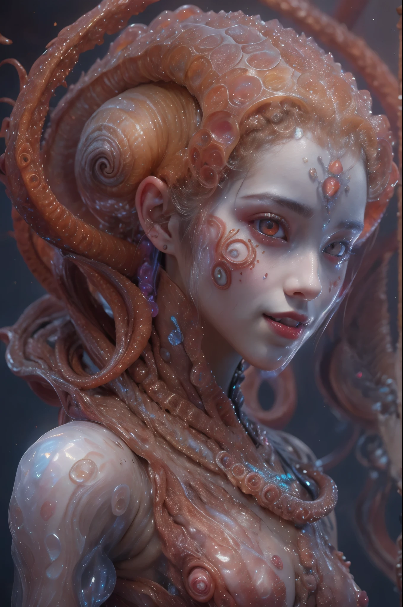 scary and sexy detailed art in color, Portrait, (beautiful and obscene female alien:1.4), (vulgarity1.7), (she has red eyes with no pupils:1.8), (Translucent white skin:1.7), (There is a female genital-like organ in the middle of the forehead:1.9), (The most beautiful face in the history of the universe:1.2),an evil gaze that seduces, (large mouth:1.1), (sharp teeth like a vampire:1.2), Full body portrait, (bio luminescent:1.5), (Smile wickedly:1.3), (sexypose:1.5), alien, No humans, cells are fused, (Lots of translucent tentacles:1.3) extraterrestrial, cell, bio image, best quality, 8K, In 4K_quality, High freshness, Dramatic Lighting, masutepiece:1.5,cinematic quality, detail up, (exquisite details:1.2), high resolution, High freshness, drawing faithfully, (Thick eyebrows:1.2), Beautiful eyes with fine symmetry,(Highly detailed face and eyes:1.2), Intimate face, (Super detailed skin quality feeling:1.4), perfect anatomy, (Beautiful toned body:1.5), (Moist skin:1.2), not wearing makeup, (dark circles:1.1), long canines, cinematic drawing of characters, ultra high quality model, cinematic quality, detail up, (exquisite details:1.2), high resolution, High freshness, drawing faithfully, official art, Unity 8K Wall paper, best quality, Very high resolution, ultra detailed artistic photography, midnight aura, unreal engine 5, Ultra Sharp Focus, art by Amano Yoshitaka, ArtGerm, Roisch, intricate artwork, best quality, masterpiece, ultra high resolution, (photos realistic:1.4), ultra realistic realism, dream-like, nautilus, Creation of fantasy, Snail, Dream Snail, (biopunk nautilus:1.3),Thrilling color schemes, ultra realistic realism, seductively smiling, Blue tentacles, Amazing mutation, well-proportioned body, goddess of the deep sea