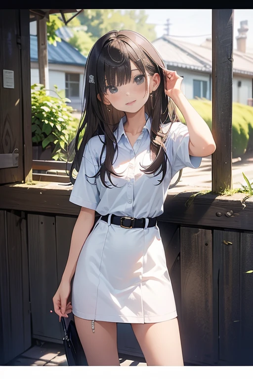 masterpiece++, best quality++, ultra-detailed+, extremely detailed++, 4K, 8K+, best quality, beautiful+, anime style,1person,full body image,summer,park,white simple mimi camisoledress,leather belt,tight belt,beautiful straight darkbrown hair,beautiful blue eyes, beautiful eyes++,long straight hair
