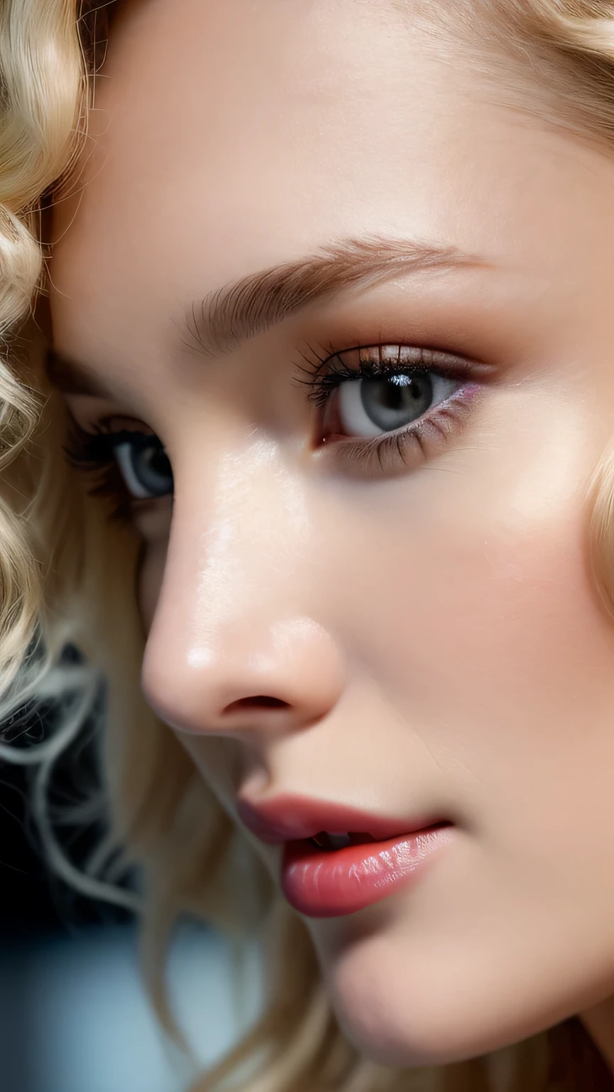 (((close up of face)))、Ultra-realistic Movie Master Pie with ultra-detailed primetime portraits, 最high quality, 8K, table top, Ultra HD), 1 female 38 years old、fashion supermodel, blonde curly hair、masterpiece, 最high quality, high quality, High resolution、(close up of face)、