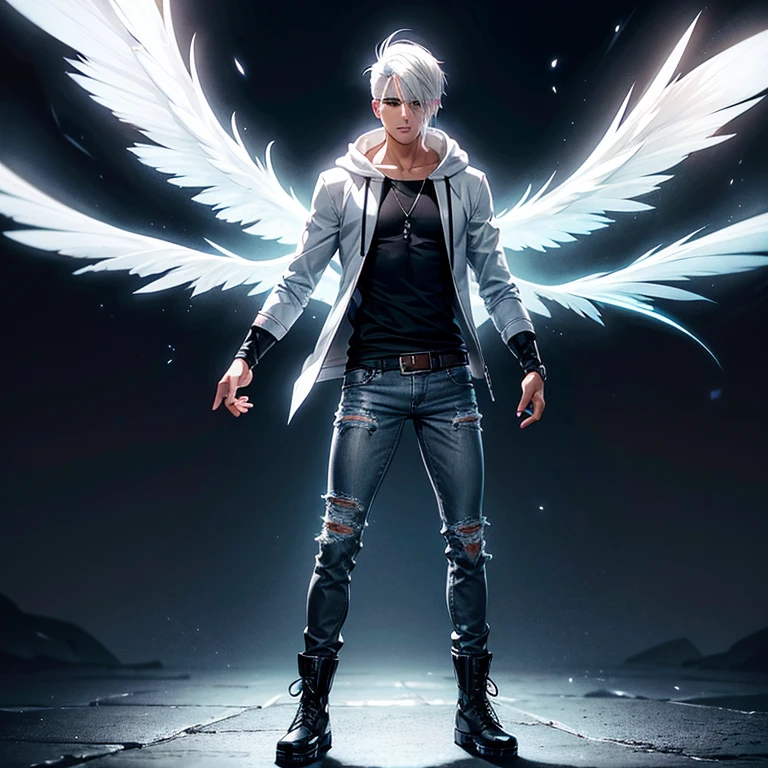 tall lithe young latino ((man)) cleanshaven with((white hair)) asymmetric hair style, wearing a dark grey hoodie, jeans, fingerless gloves, and combat boots, glowing white eyes, four glowing white wings five times his size, glowing white hands, shadowed face black dark background, glowing white eyes