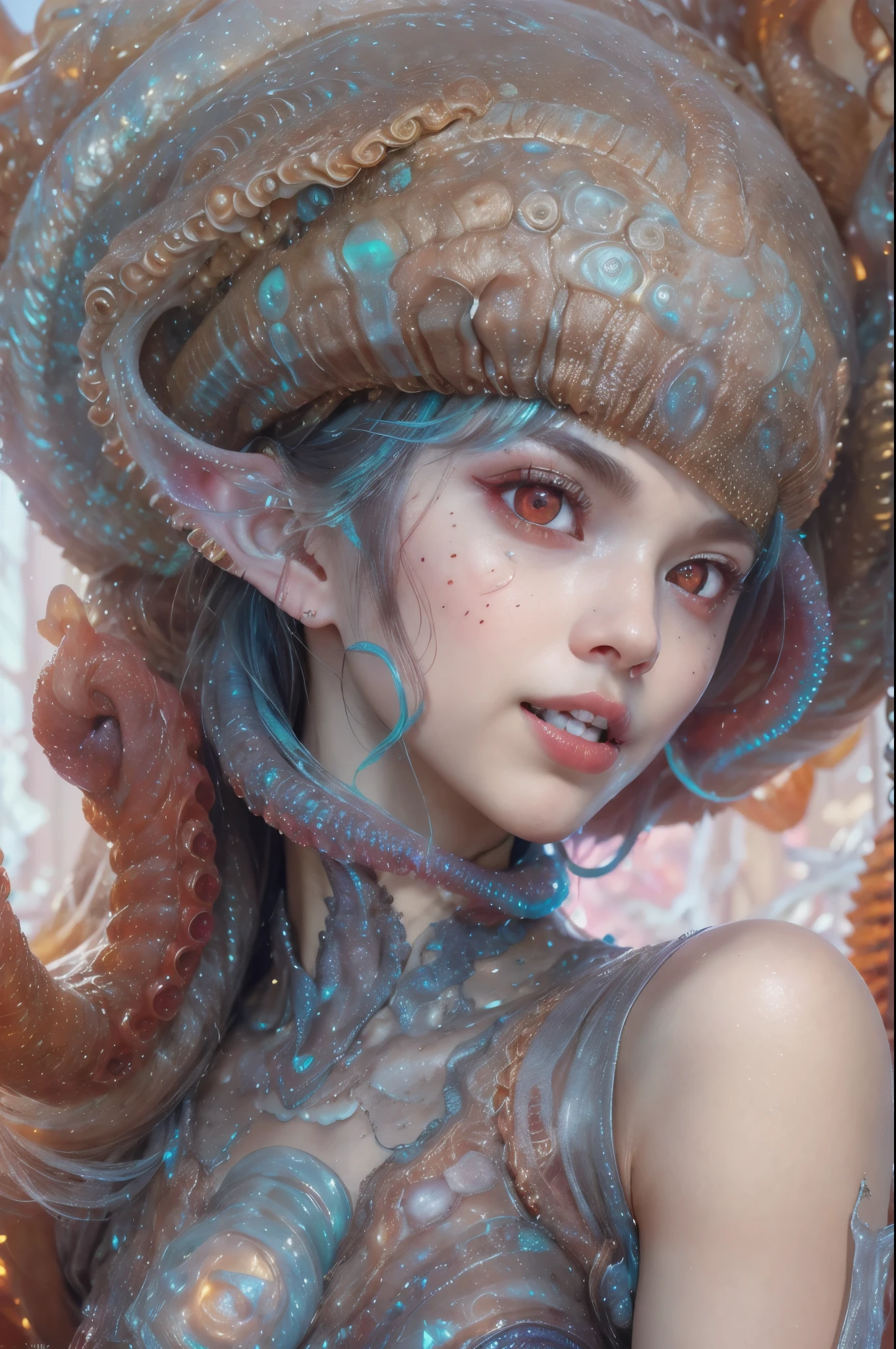 scary and sexy detailed art in color, Portrait, (beautiful and obscene female alien:1.4), (vulgarity1.7), (she has red eyes with no pupils:1.8), (Translucent white skin:1.7), (There is a female genital-like organ in the middle of the forehead:1.9), (The most beautiful face in the history of the universe:1.2),an evil gaze that seduces, (large mouth:1.1), (sharp teeth like a vampire:1.2), Full body portrait, (bio luminescent:1.5), (Smile wickedly:1.3), (sexypose:1.5), alien, No humans, cells are fused, (Lots of translucent tentacles:1.3) extraterrestrial, cell, bio image, best quality, 8K, In 4K_quality, High freshness, Dramatic Lighting, masutepiece:1.5,cinematic quality, detail up, (exquisite details:1.2), high resolution, High freshness, drawing faithfully, (Thick eyebrows:1.2), Beautiful eyes with fine symmetry,(Highly detailed face and eyes:1.2), Intimate face, (Super detailed skin quality feeling:1.4), perfect anatomy, (Beautiful toned body:1.5), (Moist skin:1.2), not wearing makeup, (dark circles:1.1), long canines, cinematic drawing of characters, ultra high quality model, cinematic quality, detail up, (exquisite details:1.2), high resolution, High freshness, drawing faithfully, official art, Unity 8K Wall paper, best quality, Very high resolution, ultra detailed artistic photography, midnight aura, unreal engine 5, Ultra Sharp Focus, art by Amano Yoshitaka, ArtGerm, Roisch, intricate artwork, best quality, masterpiece, ultra high resolution, (photos realistic:1.4), ultra realistic realism, dream-like, nautilus, Creation of fantasy, Snail, Dream Snail, (biopunk nautilus:1.3),Thrilling color schemes, ultra realistic realism, seductively smiling, Blue tentacles, Amazing mutation, well-proportioned body, goddess of the deep sea