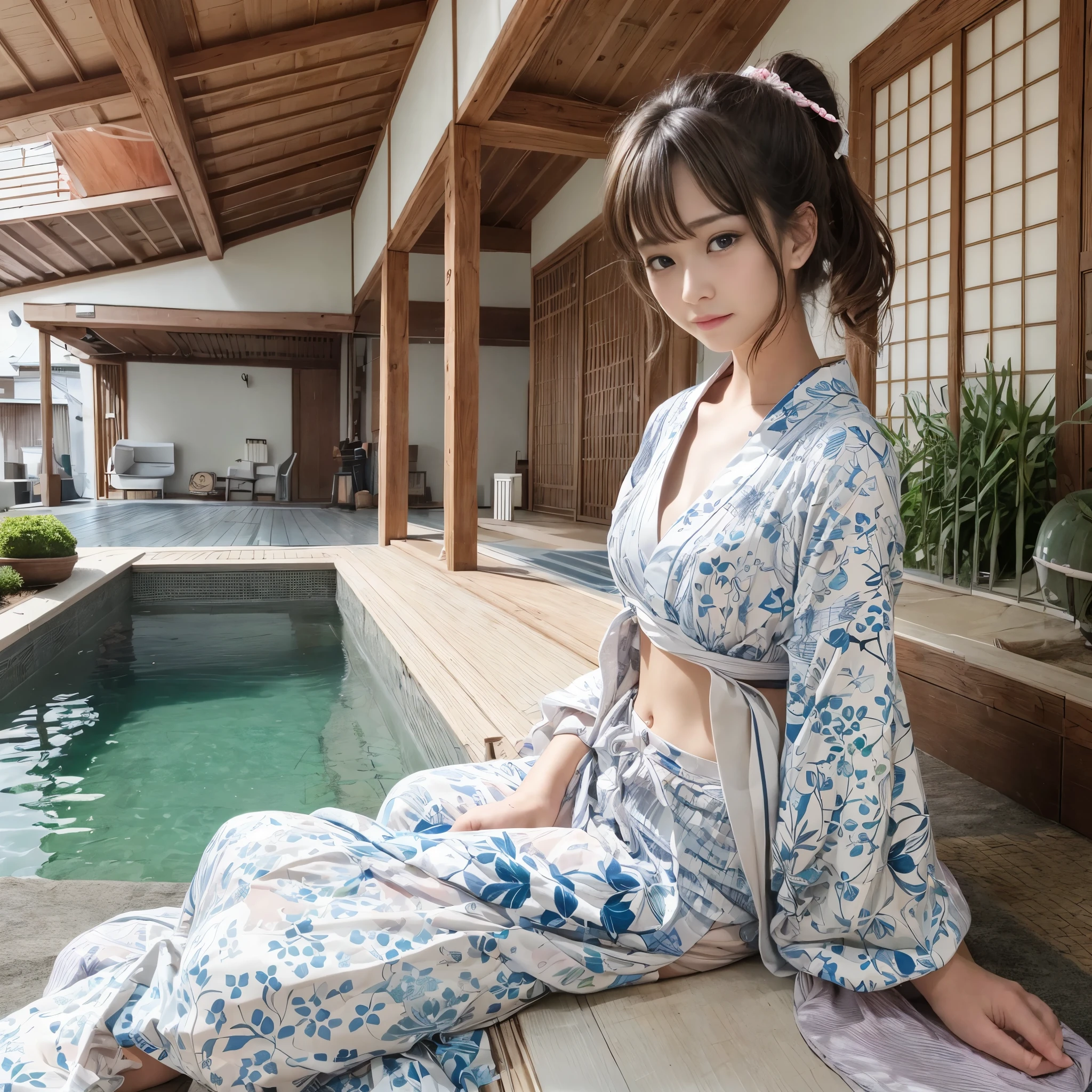 (RAW photo:1.2), (that&#39;realistic), beautiful detailed girl, very detailed eyes and face, fine and beautiful eyes, huge file size, High resolution, very detailed, highest quality, [highest quality:1.6], shape, very detailed, small details, highest quality, 8K Dende Wallpaper, movie lighting,20 year old Japanese woman, Open-air bath with guest room, Relax in a yukata, The yukata is torn, white braが見えている, There is no top, white bra, ponytail, embarrassed look, I can see your underwear,  I can see white cotton pants, slender body, young face, small breasts, Luxury ryokans in Japan, Open-air bath on the balcony, sitting