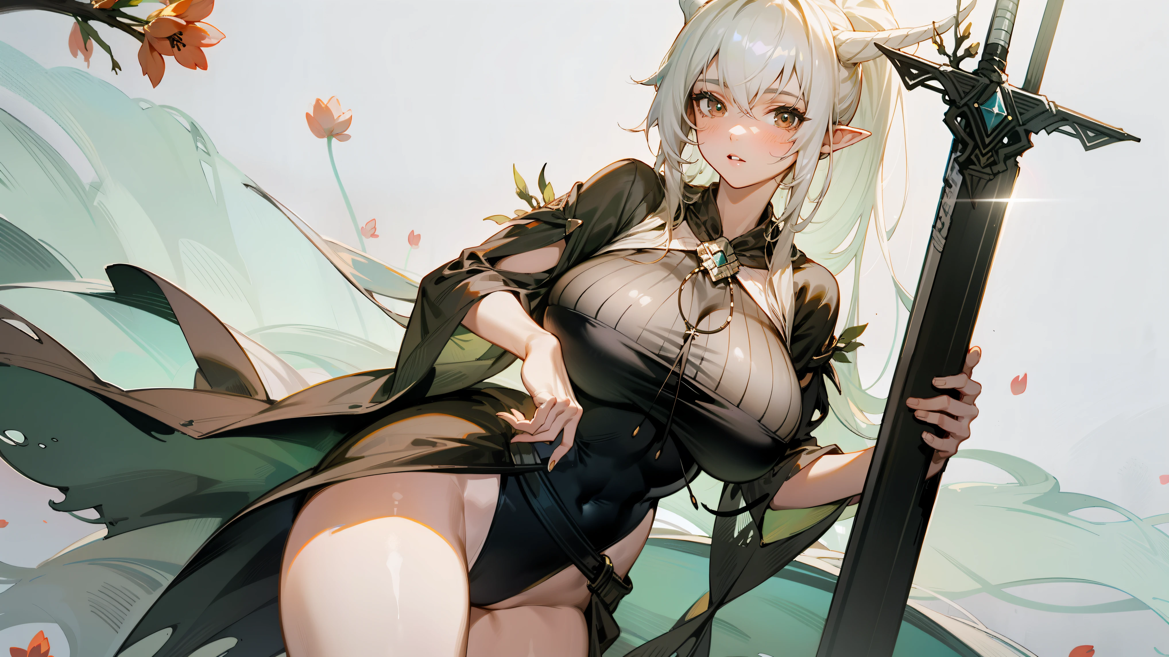 1girl,cowboy shot,shininghead,,huge tits, transparent cloth on the chest, flowers, coralcoast