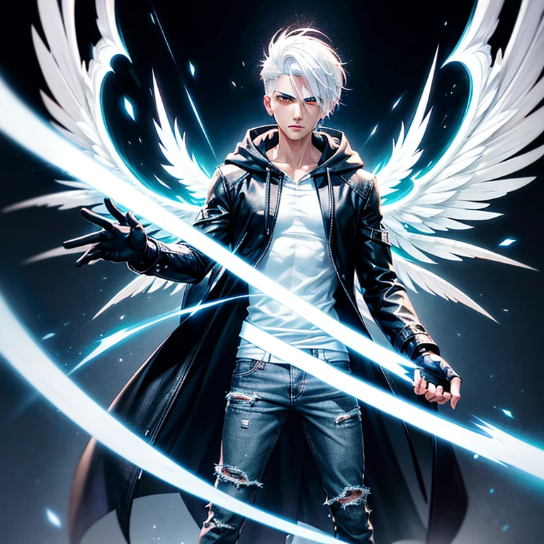 tall lithe young latino ((man)) cleanshaven with((white hair)) asymmetric hair style, wearing a dark grey hoodie, jeans, fingerless gloves, and combat boots, glowing white eyes, four glowing white wings five times his size, glowing white hands, shadowed face black dark background, glowing white eyes, wearing hood up, angry expression