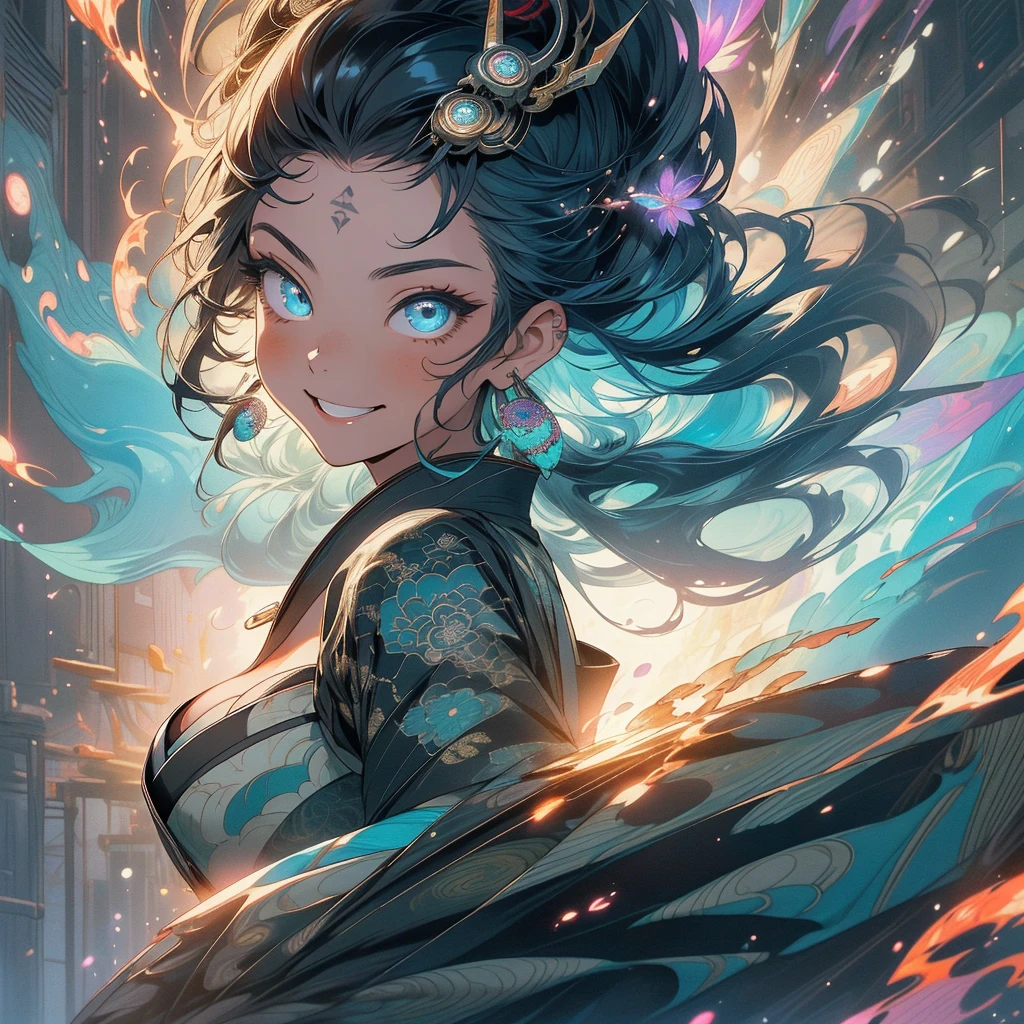 (((highest quality))),(((fine eyes))),(((32K))),(1 girl),Flashyな色の髪,(tattoo),cyber punk,kimono,((luxurious and gorgeous)),shiny skin,earrings,Flashy,((Super beautiful)),(perfect face),Japanese sword,ultimate texture,official art,ukiyo-e,((stylish)),photograph,perfect body,smile,Bewitching,best image quality,super clear,genuine,fantasy,(Near the future),ninja,((perfect eyes)),big breasts,((cleavage)),highlight,挑発的なsmile,stick out tongue,Split tongue,Mechanical,mandala,Pouring rain,majestic,apotheosis,fractal art:(1.3),