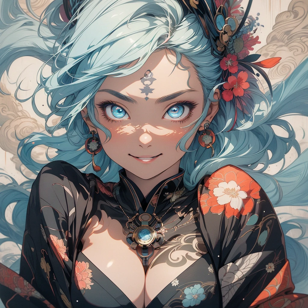 (((highest quality))),(((fine eyes))),(((32K))),(1 girl),Flashyな色の髪,(tattoo),cyber punk,kimono,((luxurious and gorgeous)),shiny skin,earrings,Flashy,((Super beautiful)),(perfect face),Japanese sword,ultimate texture,official art,ukiyo-e,((stylish)),photograph,perfect body,smile,Bewitching,best image quality,super clear,genuine,fantasy,(Near the future),ninja,((perfect eyes)),big breasts,((cleavage)),highlight,挑発的なsmile,stick out tongue,Split tongue,Mechanical,mandala,Pouring rain,majestic,apotheosis,fractal art:(1.3),
