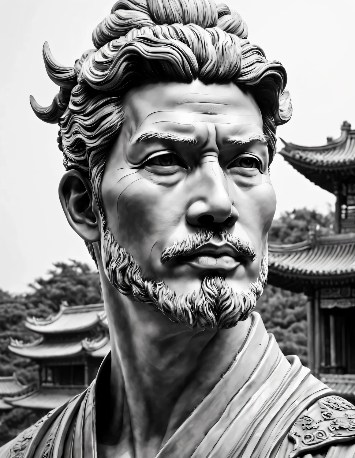 (David&#39;S avatar）, Inspired by the famous statue of David，an Chinese ink painting style，simple lines，（line art：1.3），Black and white line drawing,Beautiful ink line art, comic style,  黑白comic style, pencil and ink comics, black and white coloring