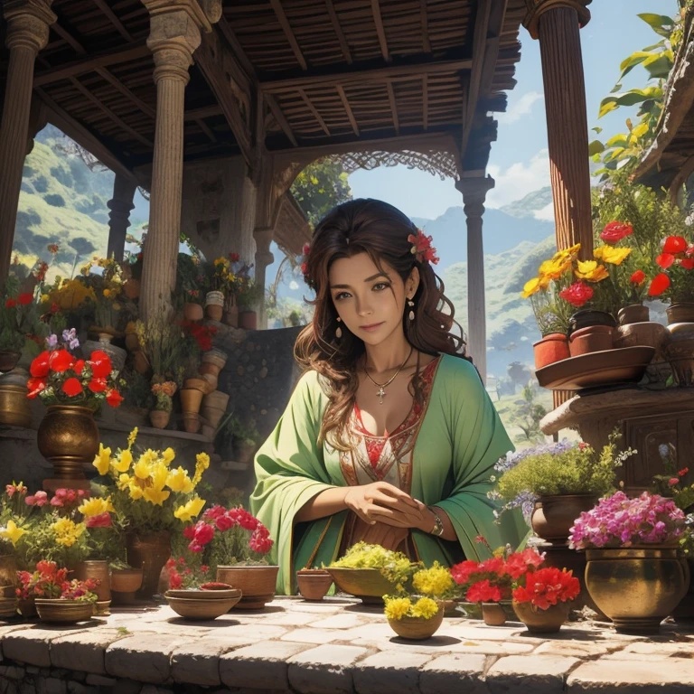 mulher, cabelos vermelhos, olhos verdes, maga, clérica, flower and potion seller , cabelos longos,  cabelos alaranjados
