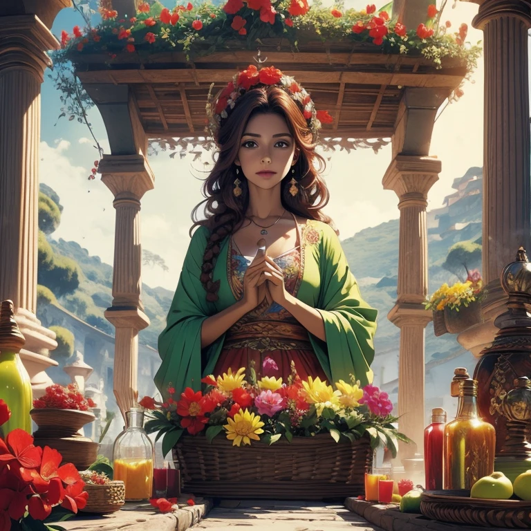 mulher, cabelos vermelhos, olhos verdes, maga, clérica, flower and potion seller , cabelos longos, cabelos alaranjados