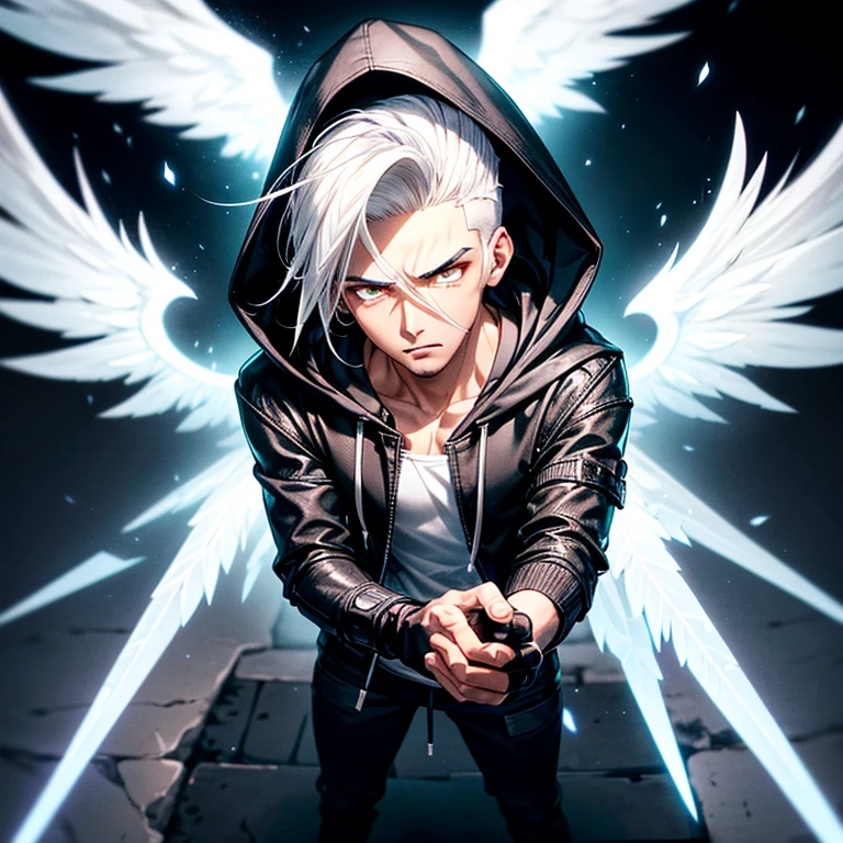 tall lithe young latino ((man)) cleanshaven with((white hair)) asymmetric hair style, wearing a dark grey hoodie, jeans, fingerless gloves, and combat boots, glowing white eyes, four glowing white wings five times his size, glowing white hands, shadowed face black dark background, glowing white eyes, ((wearing hood up)), angry expression