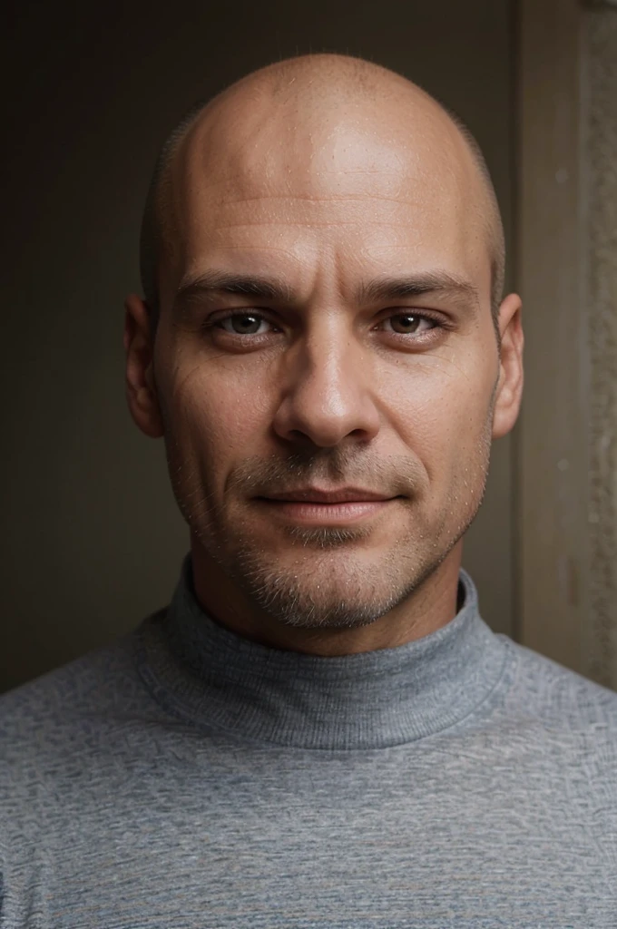 photo, iPhone camera, high resolution, close-up portrait, male focus, casual clothing, European man, pronounced cleft chin, bald, 52 years old, view from below, scruffy, close-up, interesting perspective, thin body, masculine face , smile, bottom view, incredible composition, HDR, volumetric lighting, ultra quality, elegant, highly detailed