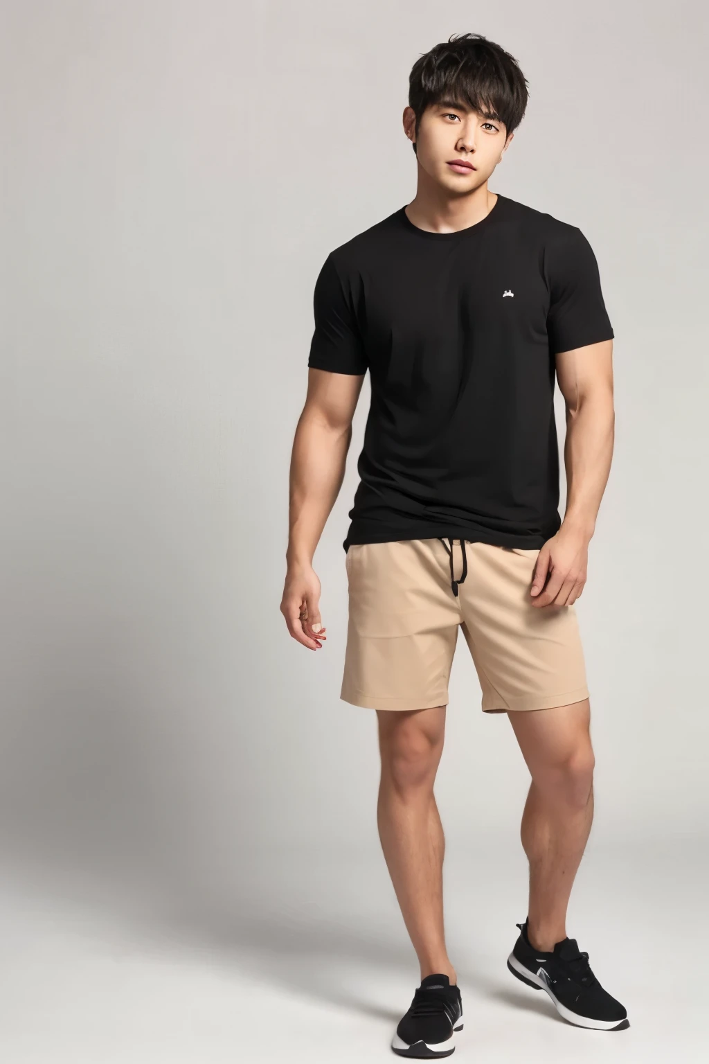 whole body, hairy legs, muscular and toned legs, two block, long legs, Japan male, 27 years old, Thin beard, wearing beige shorts, wearing a black T-shirt, very short hair, black hair