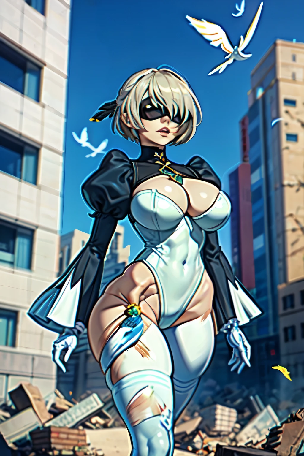 1girl, (solo:1.2), curvy, (masterpiece:1.2), (best quality:1.2), (perfect anatomy:1.4), (perfect female anatomy:1.2), (confident:1.2),
xxnikichenxx, pinup, shiny skin, (large breasts:1.2), hm2b, black blindfold, covered eyes, mole under mouth, clothing cutout, long sleeves, puffy sleeves, juliet sleeves, feather trim, black thighhighs, black gloves, covered navel, (white leotard:1.2), (post fight scenery:1.3), rubble, outside, daylight