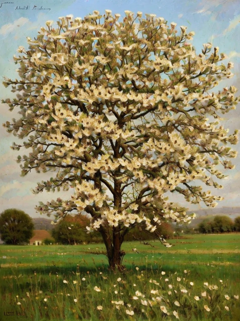 There is a blooming apple tree in the middle of the meadow. The light is warm and soft