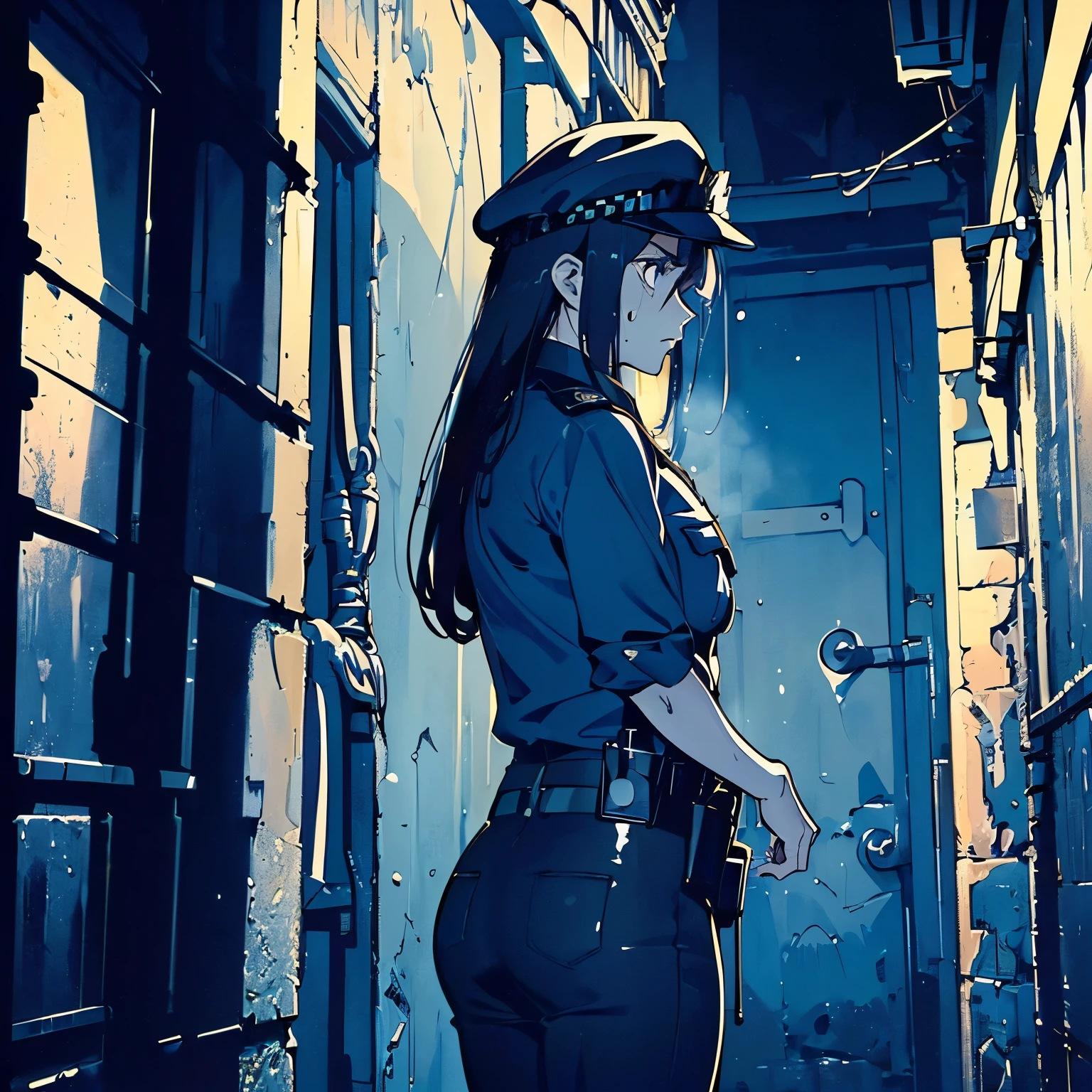 (((masterpiece))) ((( background : horror : backalley : night : alone ))) ((( character : 1 female : : fit body : long smart hair : police officer uniform : pursuing : serious : sweating )))