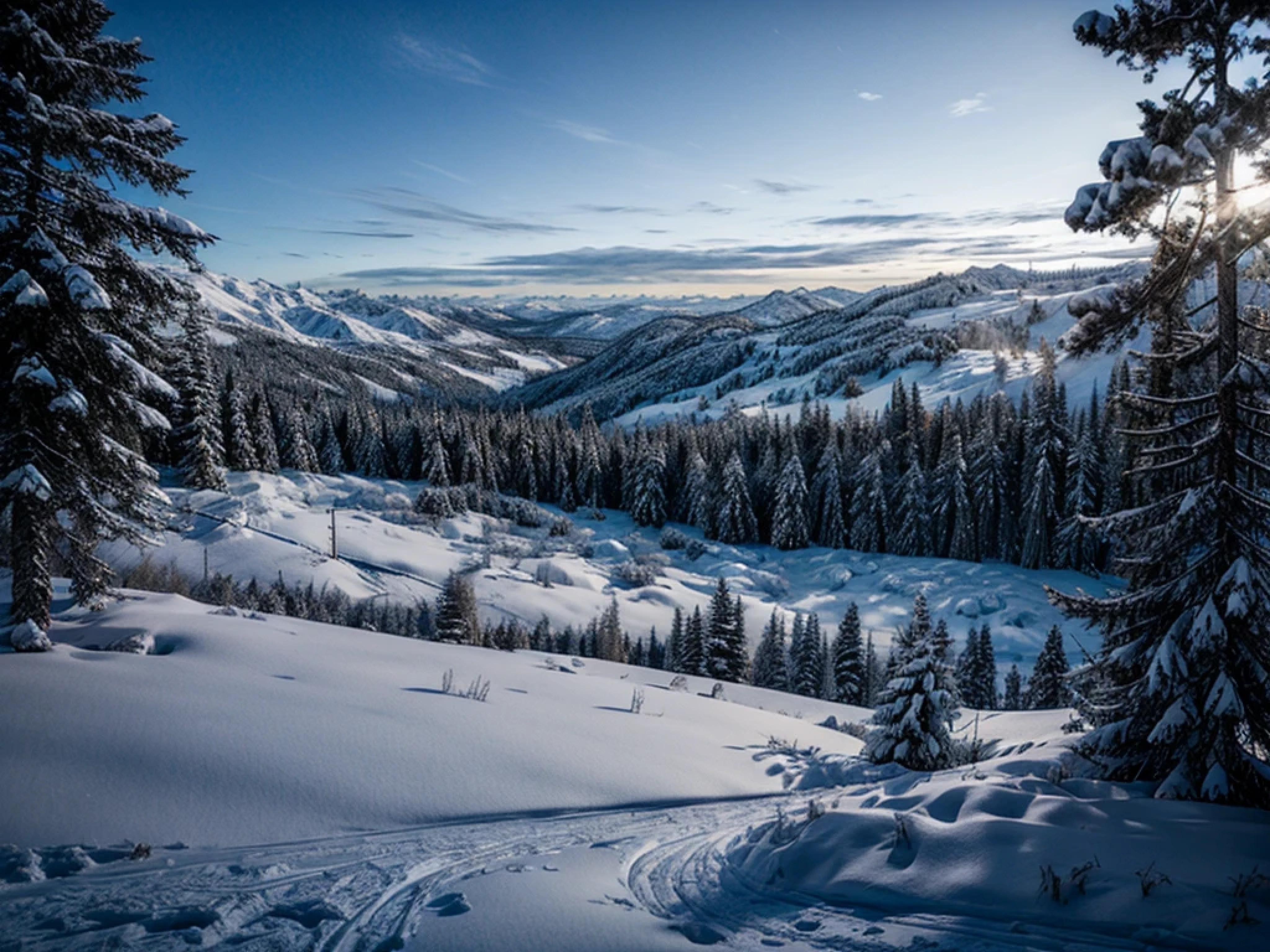 paisagem com neve, montanhas, snow-covered trees, montes, vulkan, ultrarrealista, fotografia, cinematographic