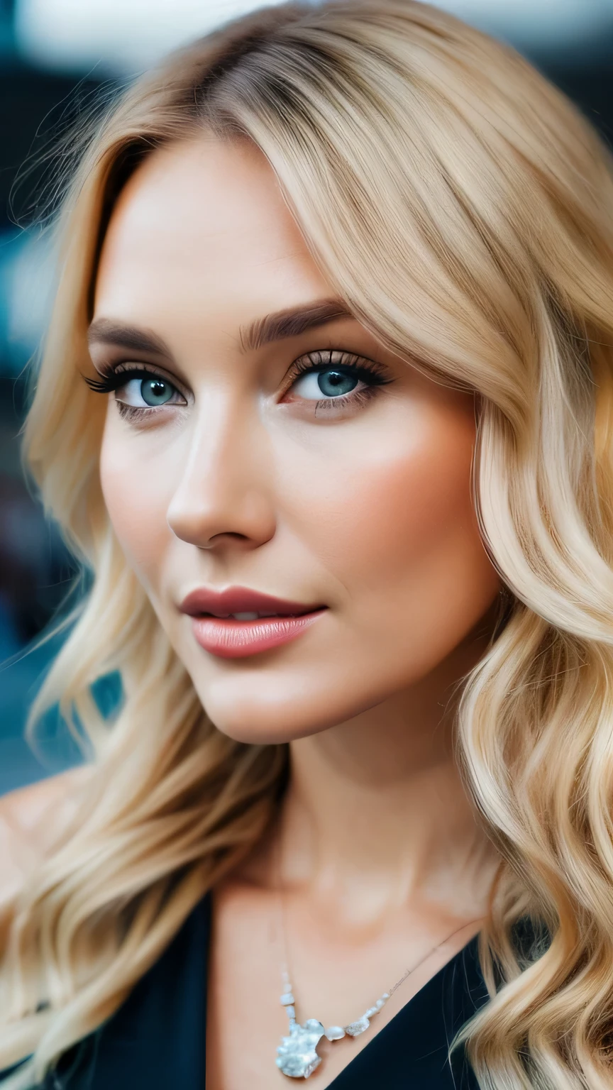(((close up of face)))、Ultra-realistic Movie Master Pie with ultra-detailed primetime portraits, 最high quality, 8K, table top, Ultra HD), 1 female 38 years old、fashion supermodel, blonde curly hair、masterpiece, 最high quality, high quality, High resolution、(close up of face)、