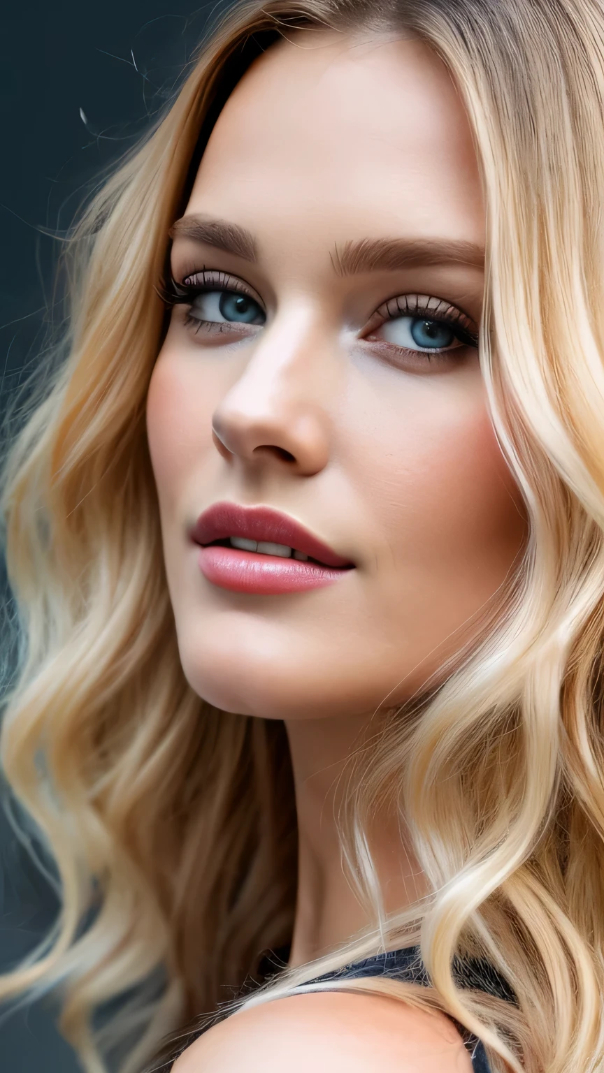(((close up of face)))、Ultra-realistic Movie Master Pie with ultra-detailed primetime portraits, 最high quality, 8K, table top, Ultra HD), 1 female 38 years old、fashion supermodel, blonde curly hair、masterpiece, 最high quality, high quality, High resolution、(close up of face)、