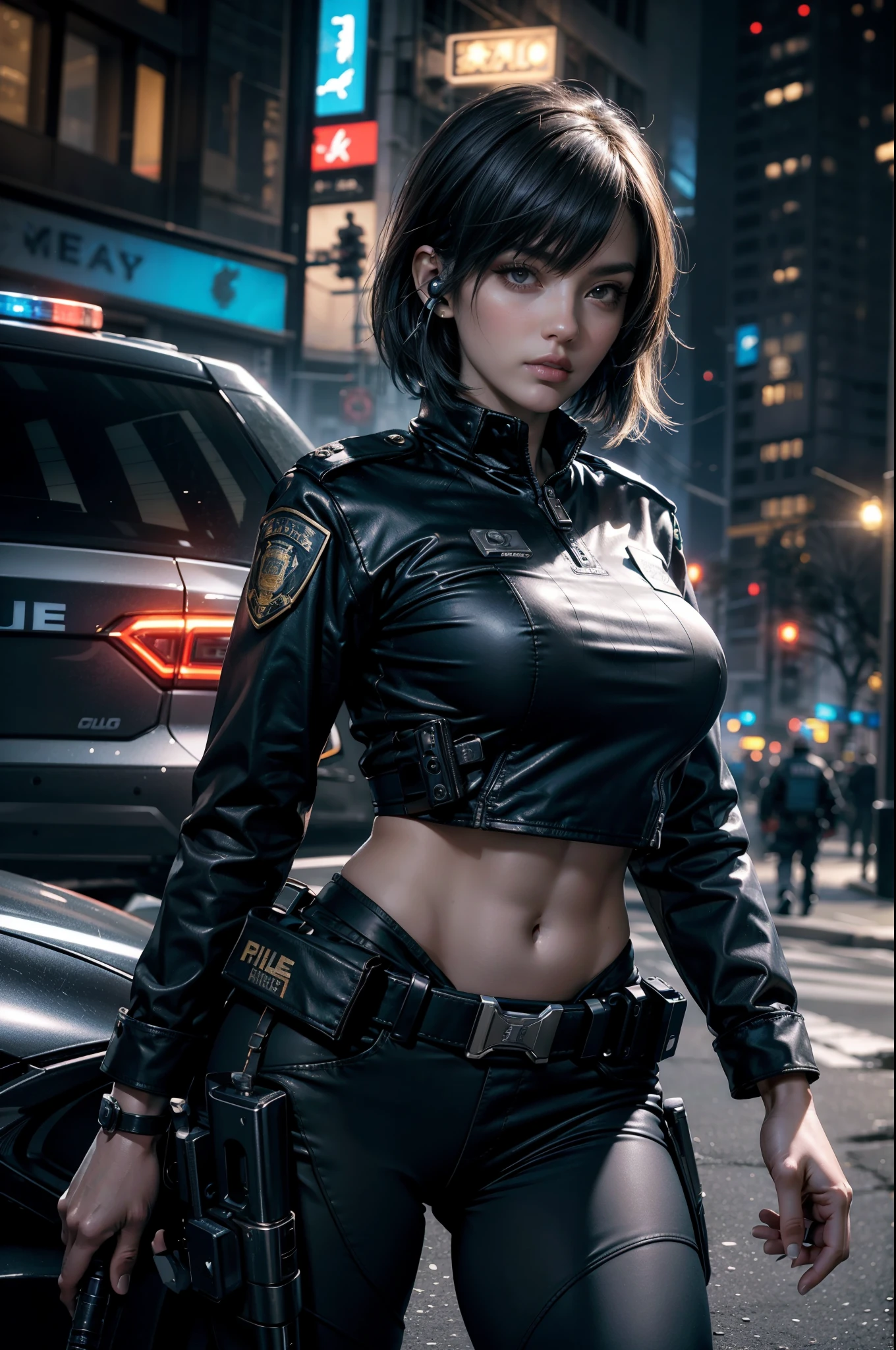 Highest image quality，Outstanding details，超高分辨率，one-girl，mechs，She wears a sexy police uniform ，Holding a gun in ha, Robust body，Sexy and robust，Detailed abs，Detailed muscle lines，dynamicposes，the night，Future city street view background，neonlight，sense of science and technology，future-tech，Very detailed cyberpunk short hair style，cyber punk perssonage，Highly detailed police uniforms，Highly detailed police cap，Police badge，wear police cap，Highly detailed guns，Highly detailed Bluetooth headset，intercom，Wireless devices，Highly detailed handcuffs，Highly detailed police equipment，Highly detailed police car，frontage，Full body photo，Look from the bottom up，look from down, looki at viewer